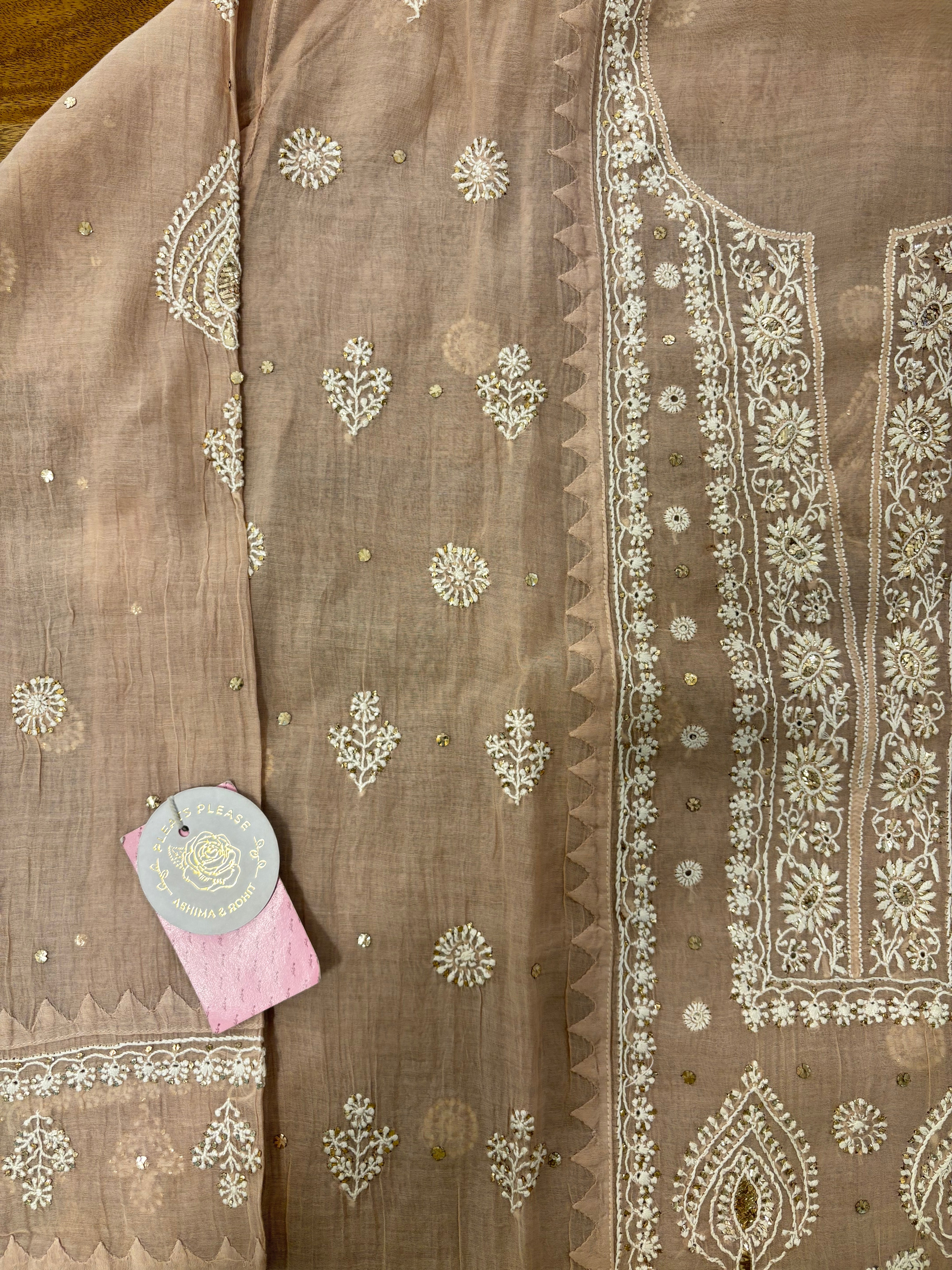 Rosewood Taupe Chanderi Mukaish Chikankari Kurta & Dupatta - Pleats PleaseChikankari