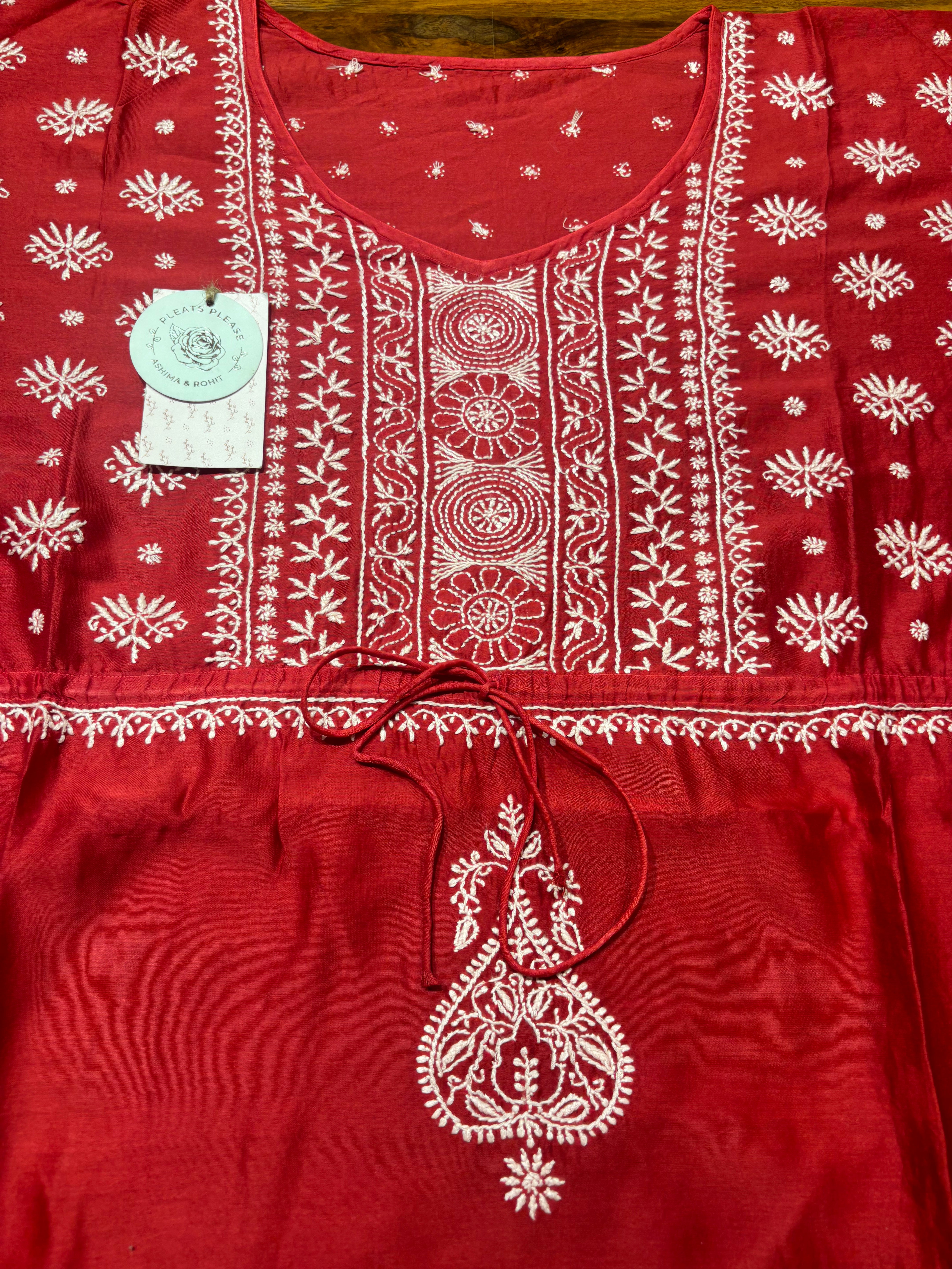 Red Chanderi Silk Chikankari Kaftan