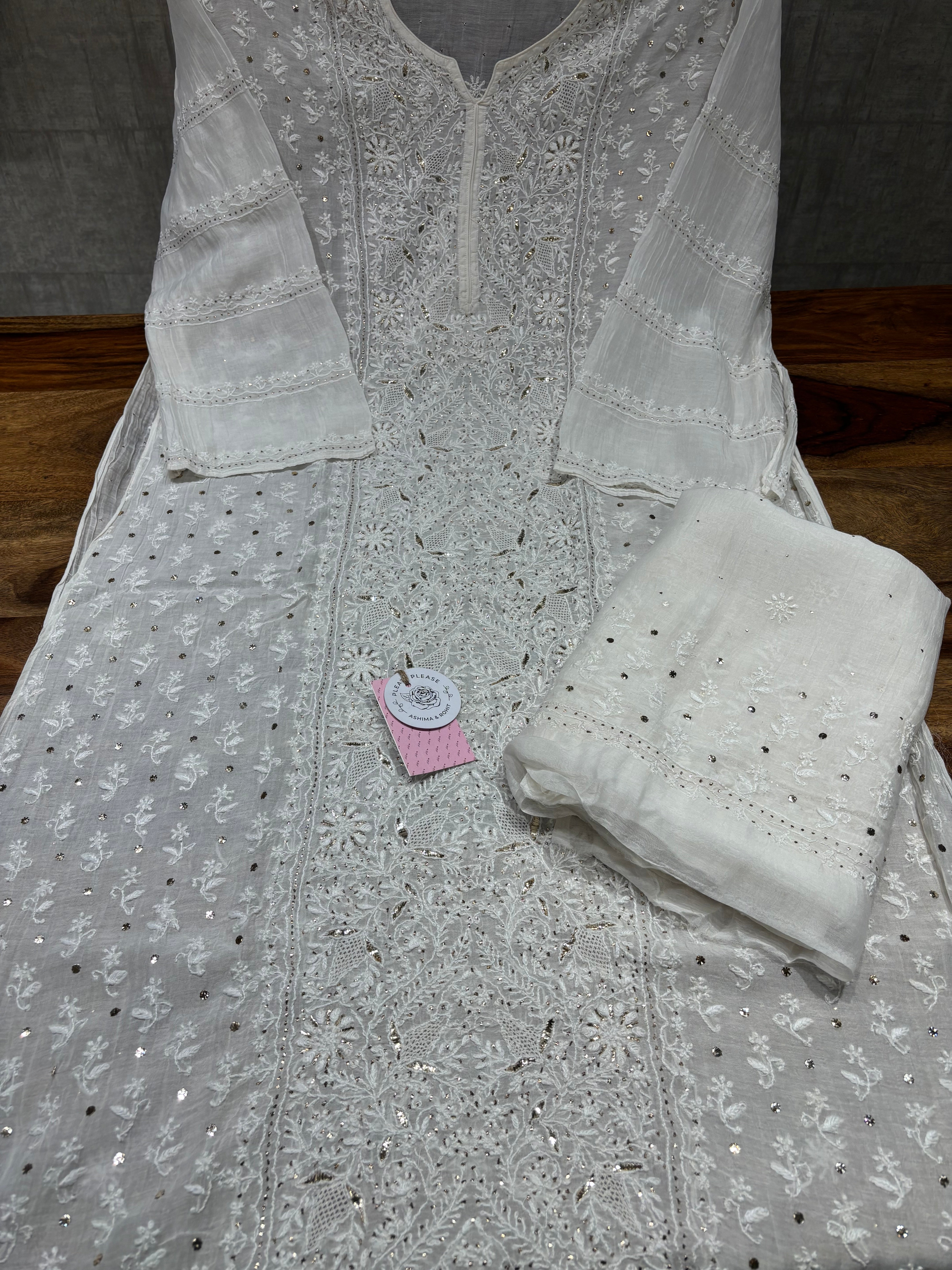 Dyeable Chanderi Mul Chikankari & Mukaish Kurta & Dupatta Set