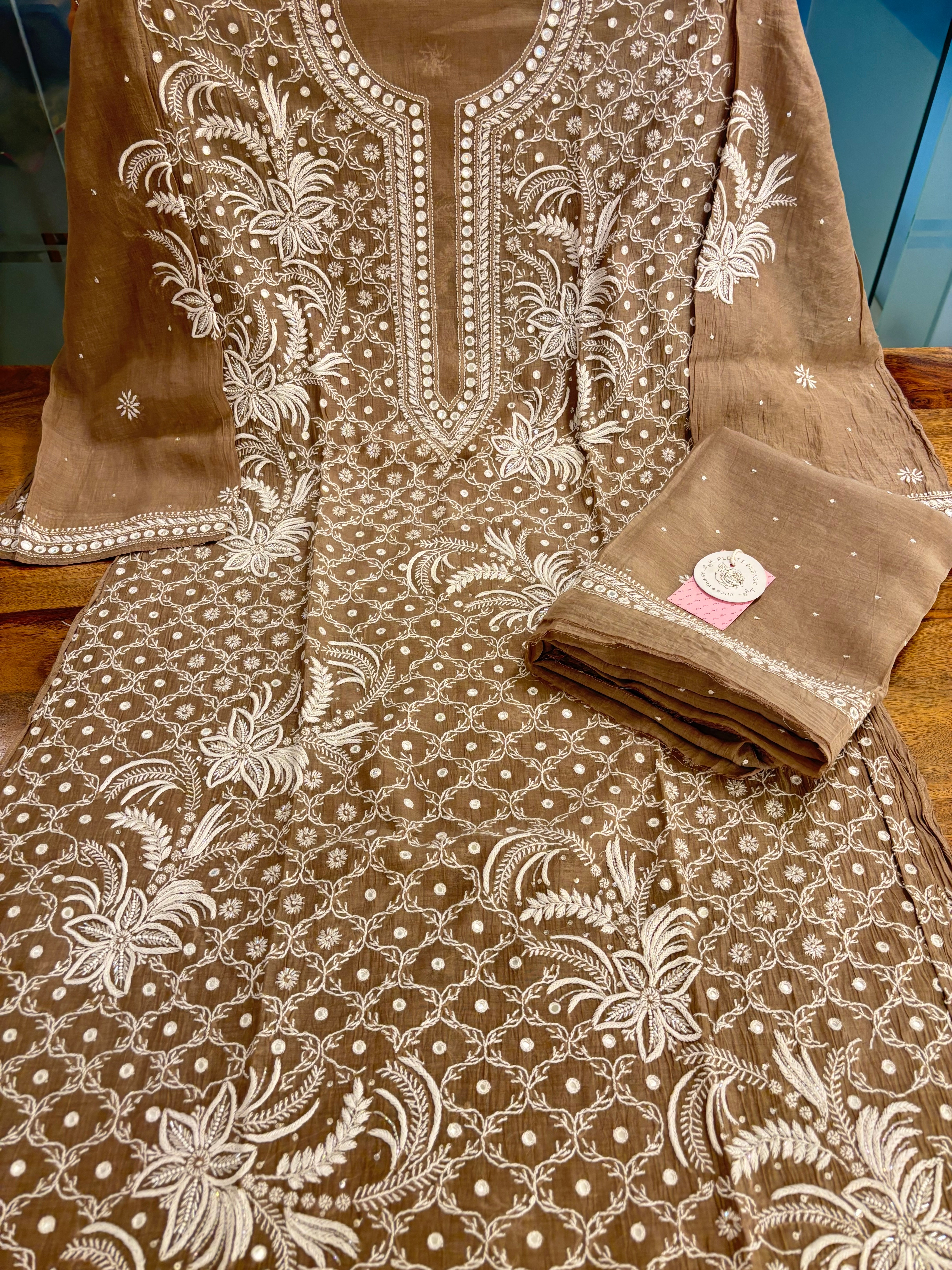 Camel Brown Chanderi Mul Mirror Chikankari Kurta & Dupatta