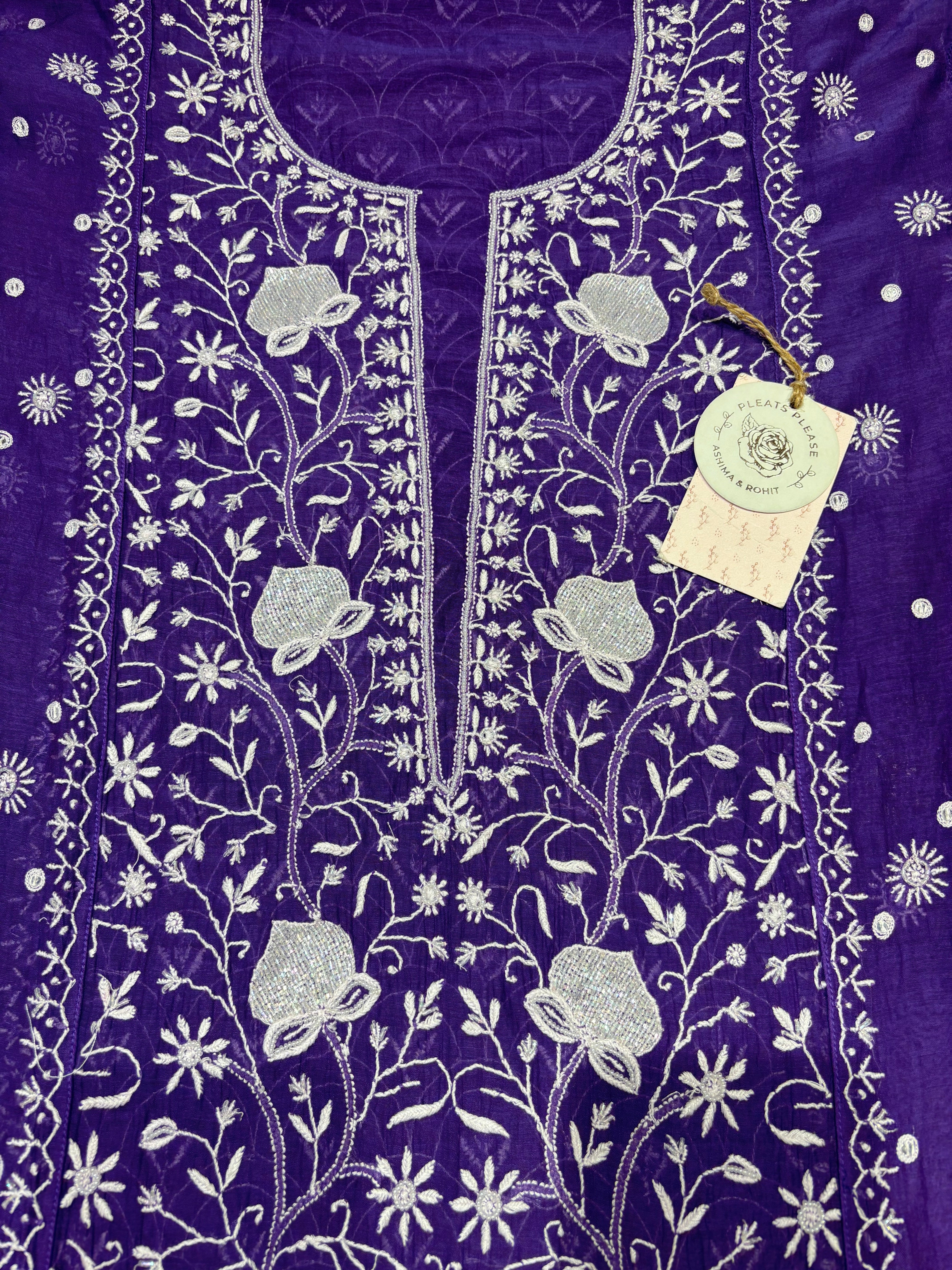 Purple Chanderi Mul Chikankari Kurta & Dupatta Set