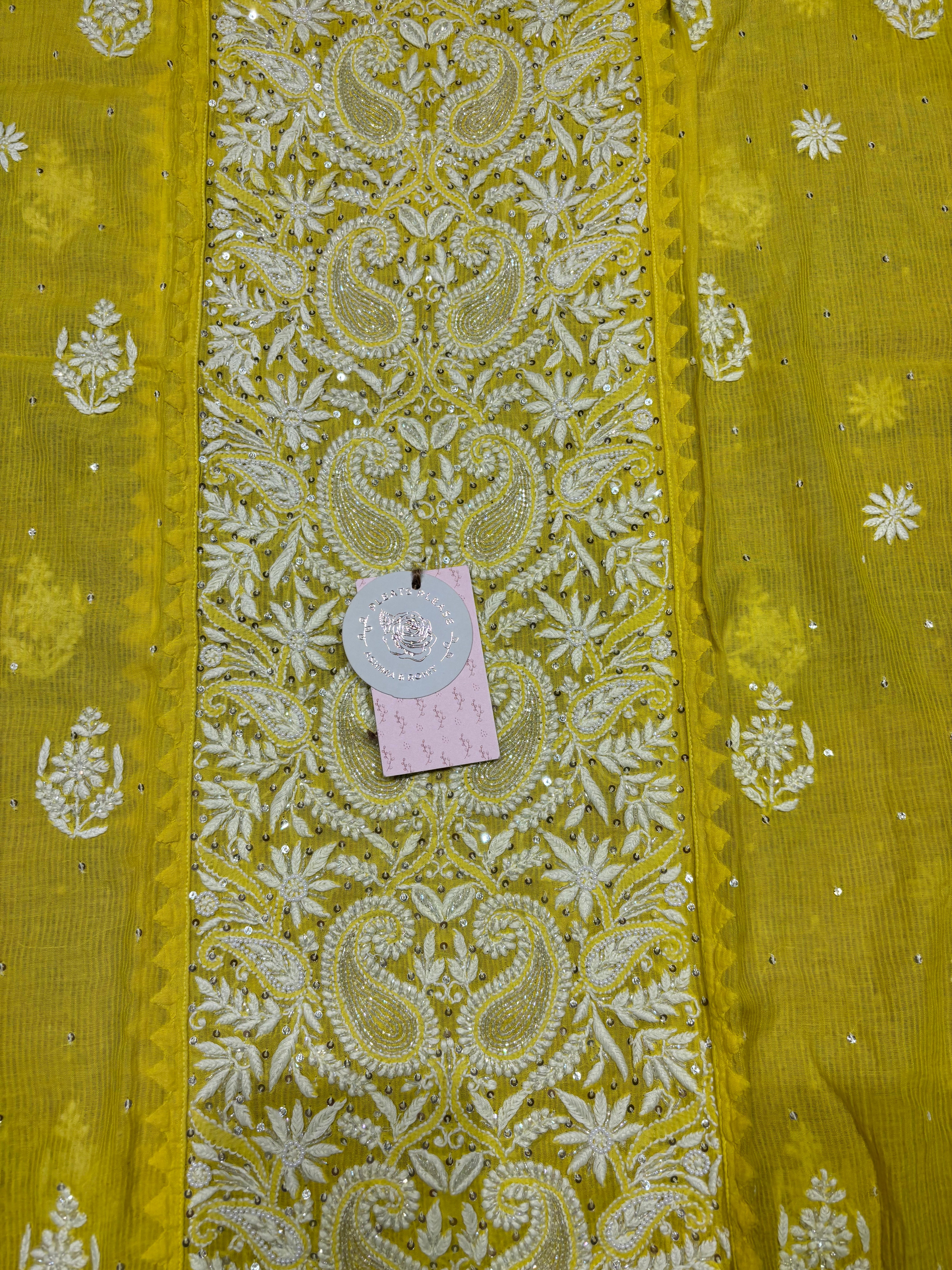Lime yellow Chanderi Maheshwari Chikankari kurta and Dupatta set