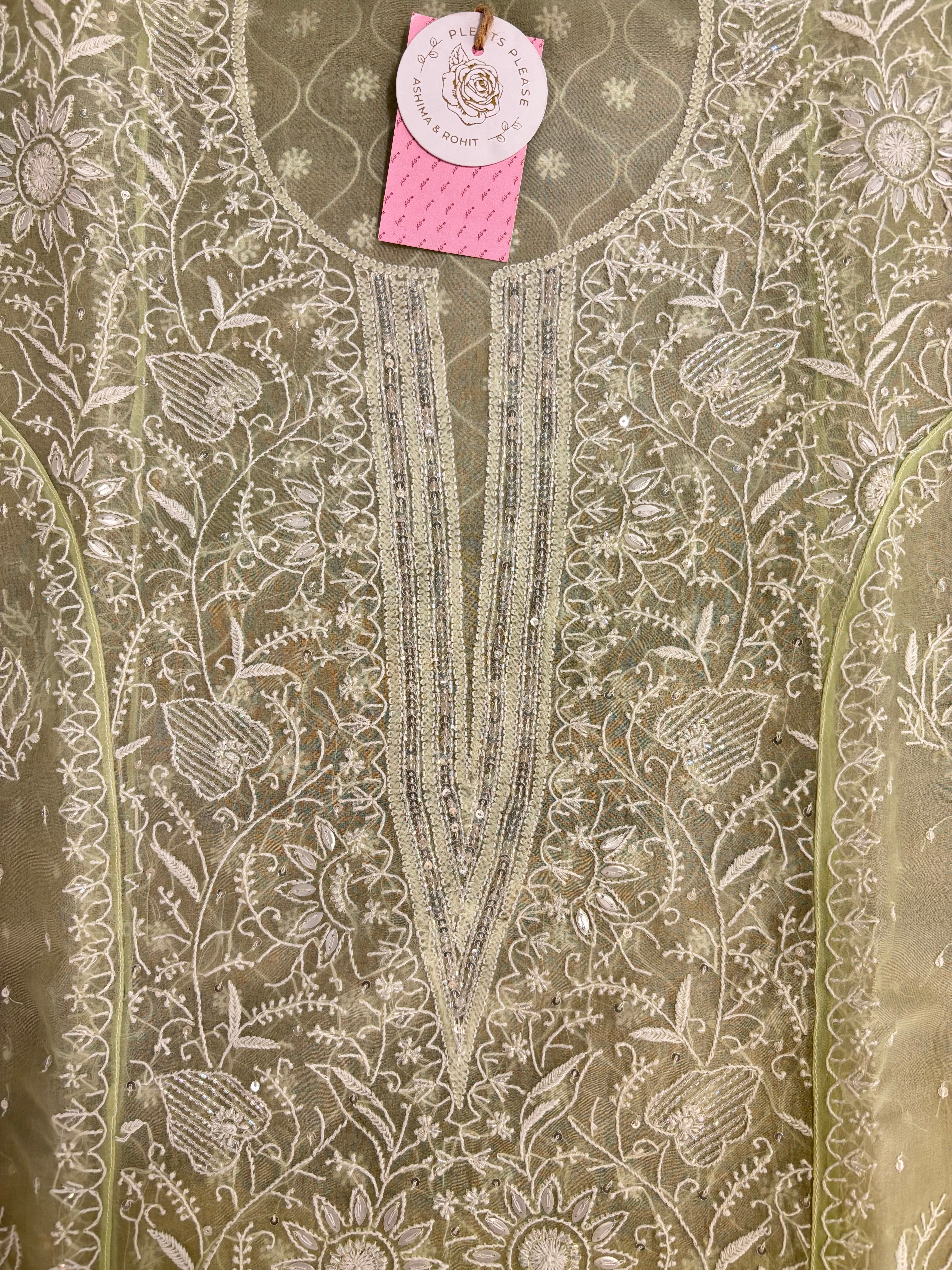 Pistachio Ombré Pure Organza Chikankari Kurta & Dupatta