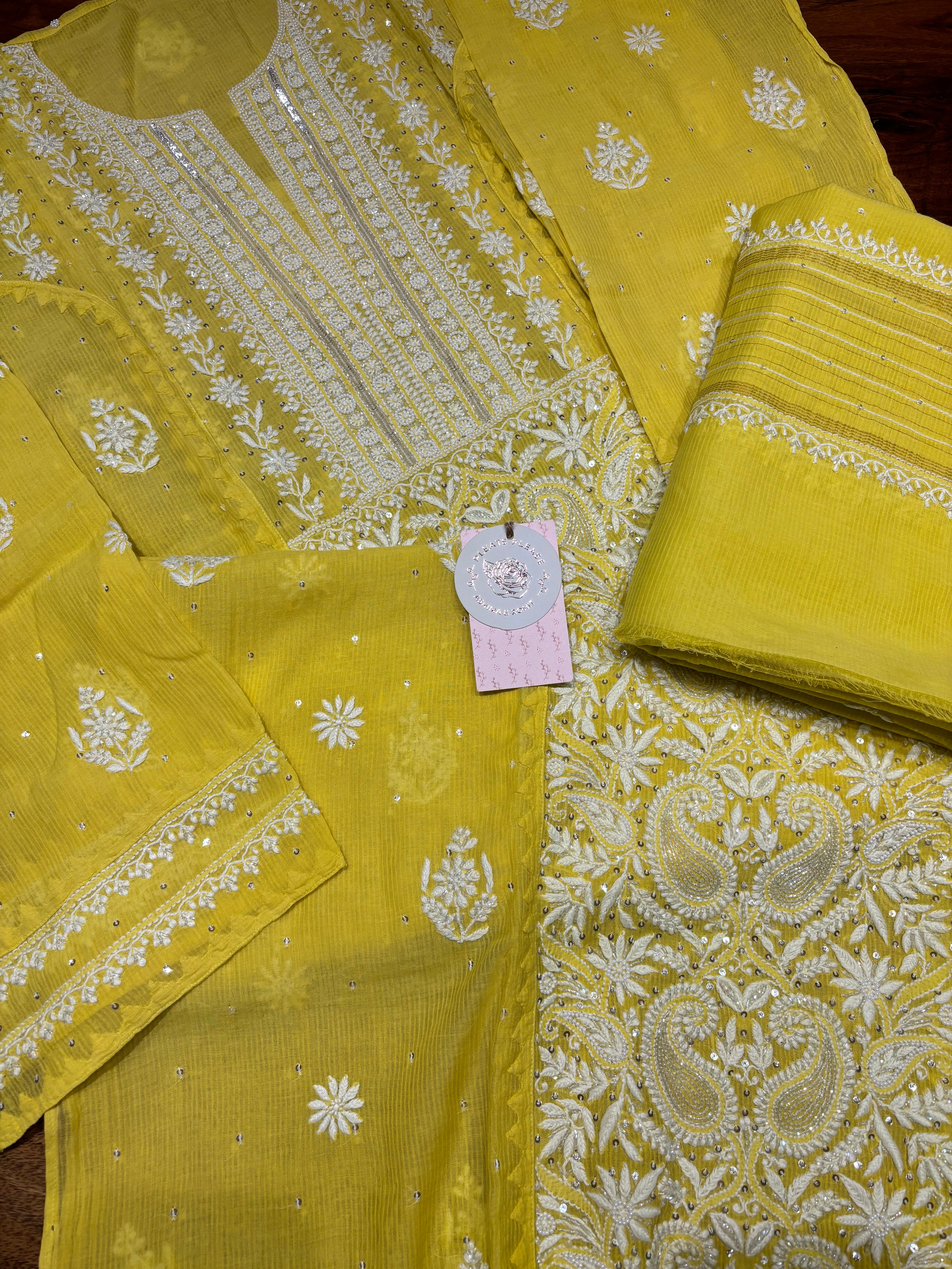 Lime yellow Chanderi Maheshwari Chikankari kurta and Dupatta set