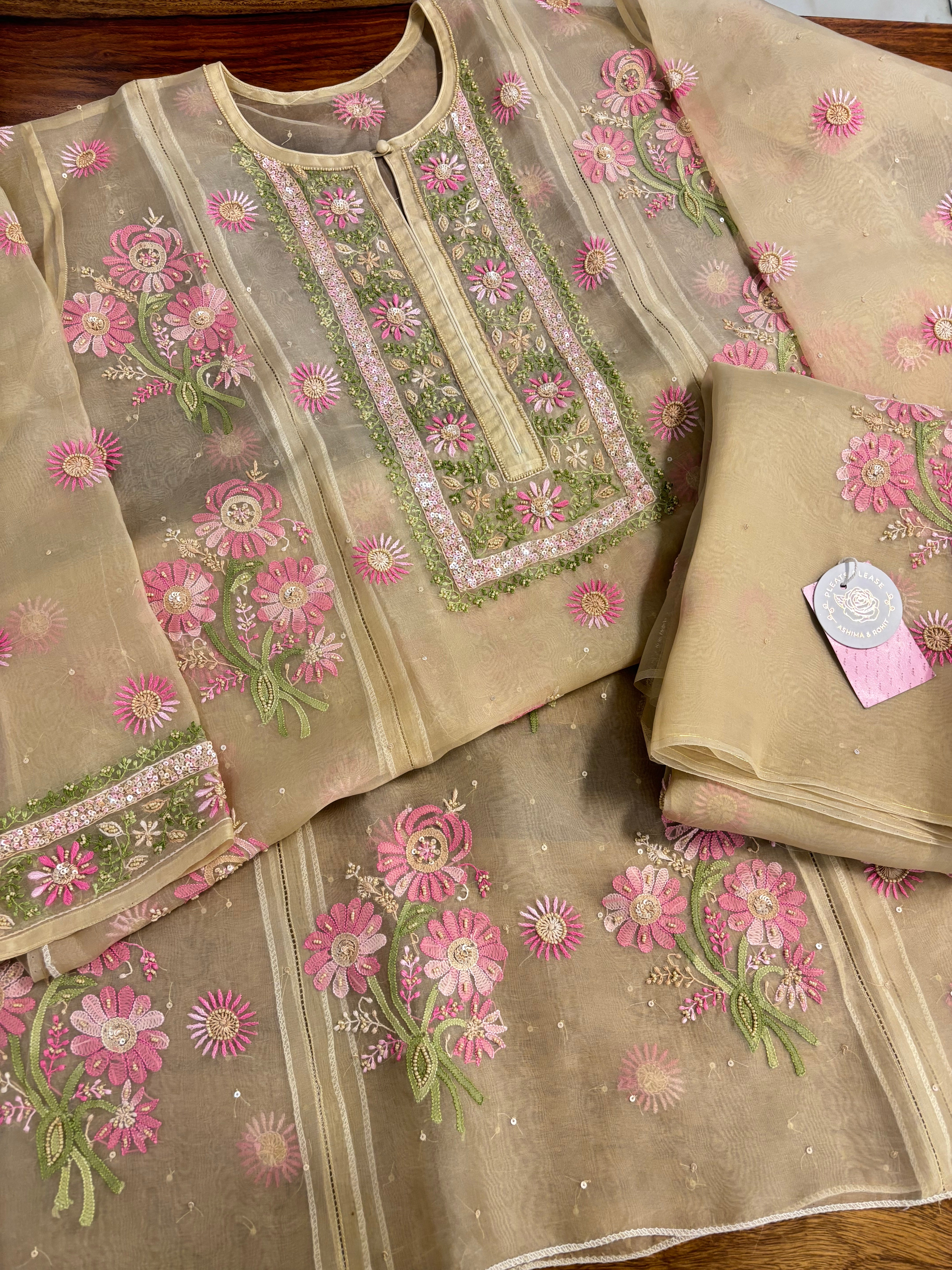 Golden Pure Organza Silk Chikankari Kurta & Dupatta