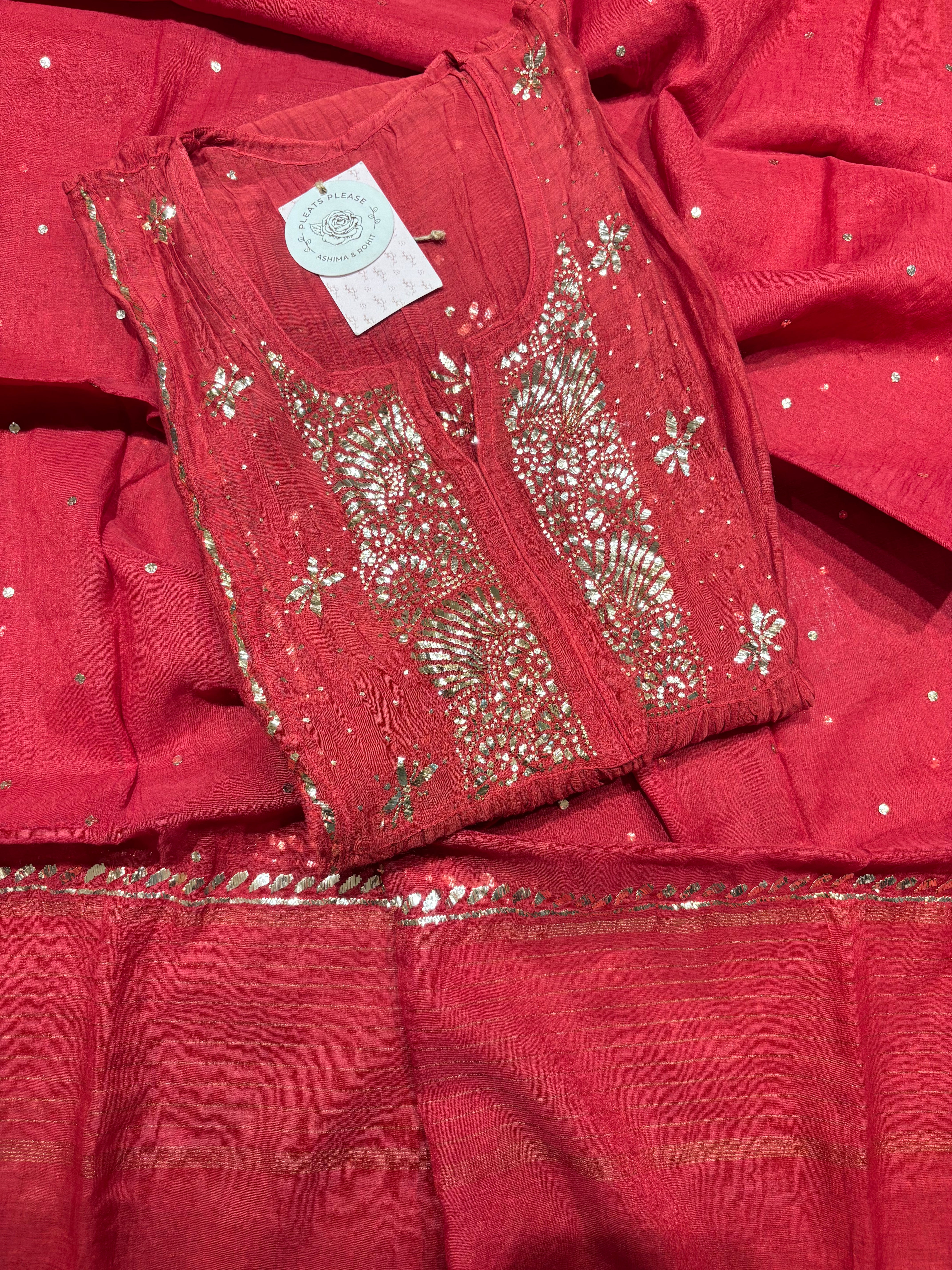 Red Chanderi Mul Mukaish Tunic Kurta and Dupatta Set