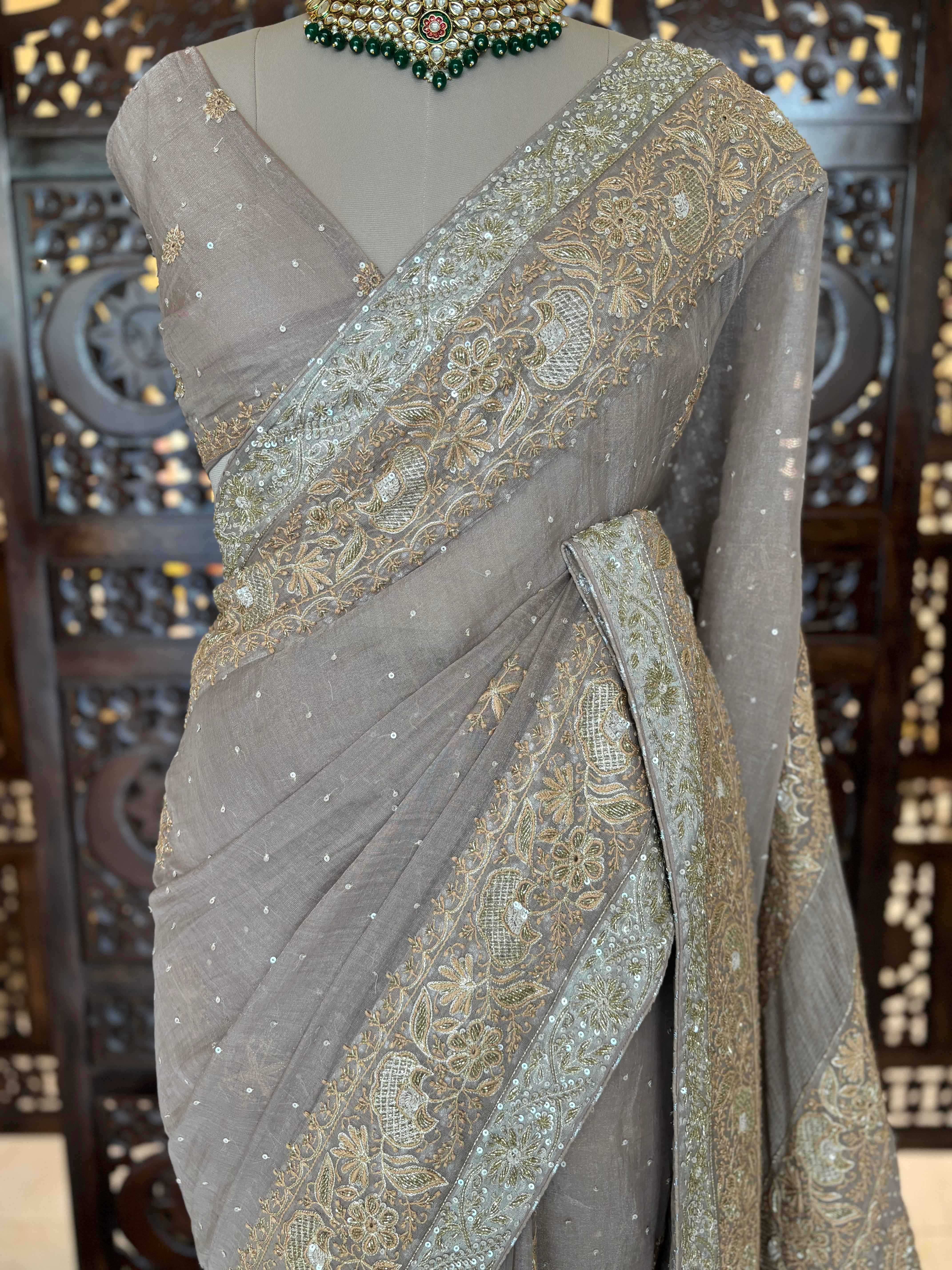 Antique Rose Gold Pure & Premium Tissue Chikankari Saree