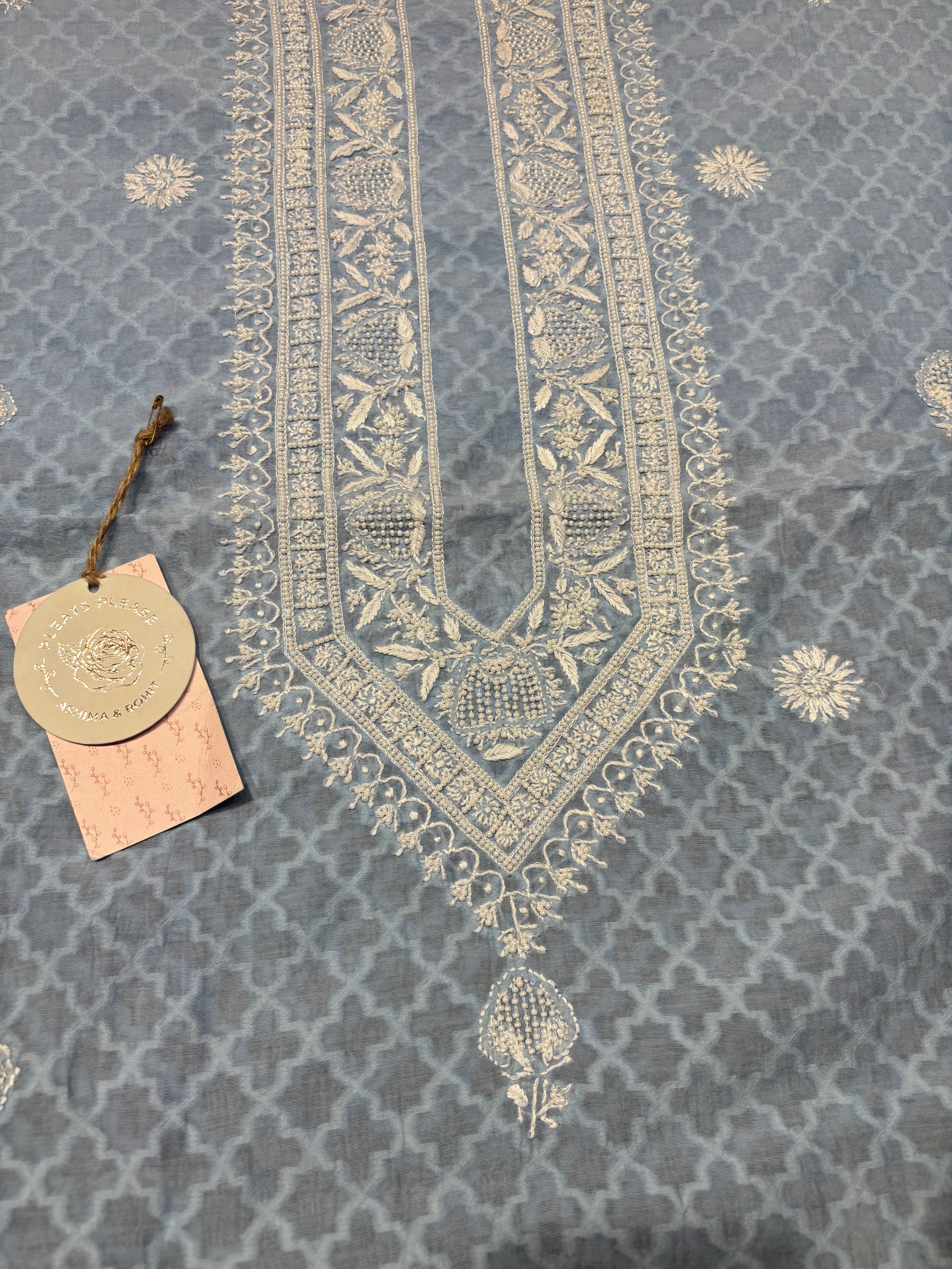 Blue Chanderi Mul Chikankari Men’s Kurta Fabric