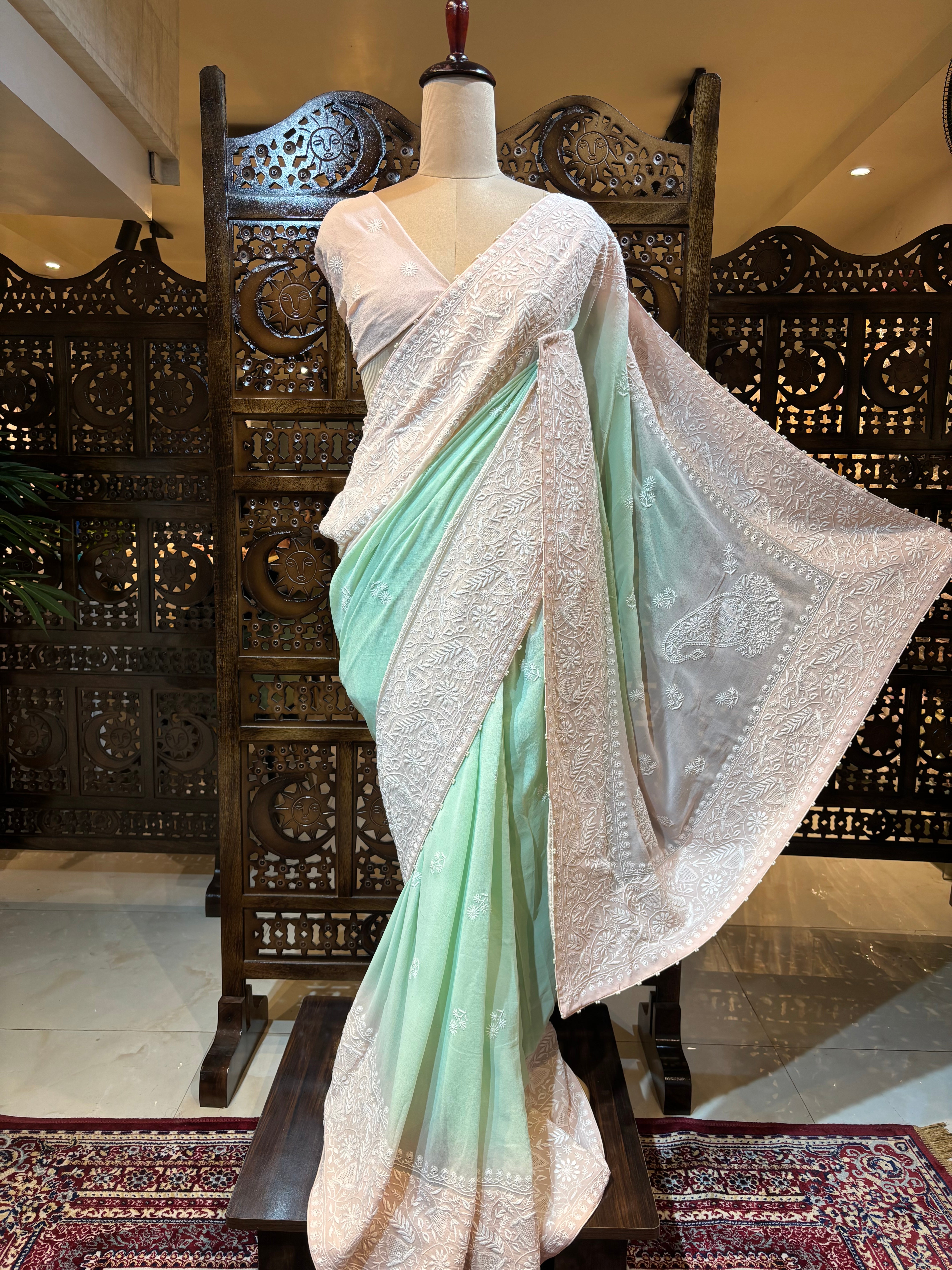 Pink & Green Pure & Premium Georgette Chikankari Saree & Blouse - Pleats PleaseChikankari