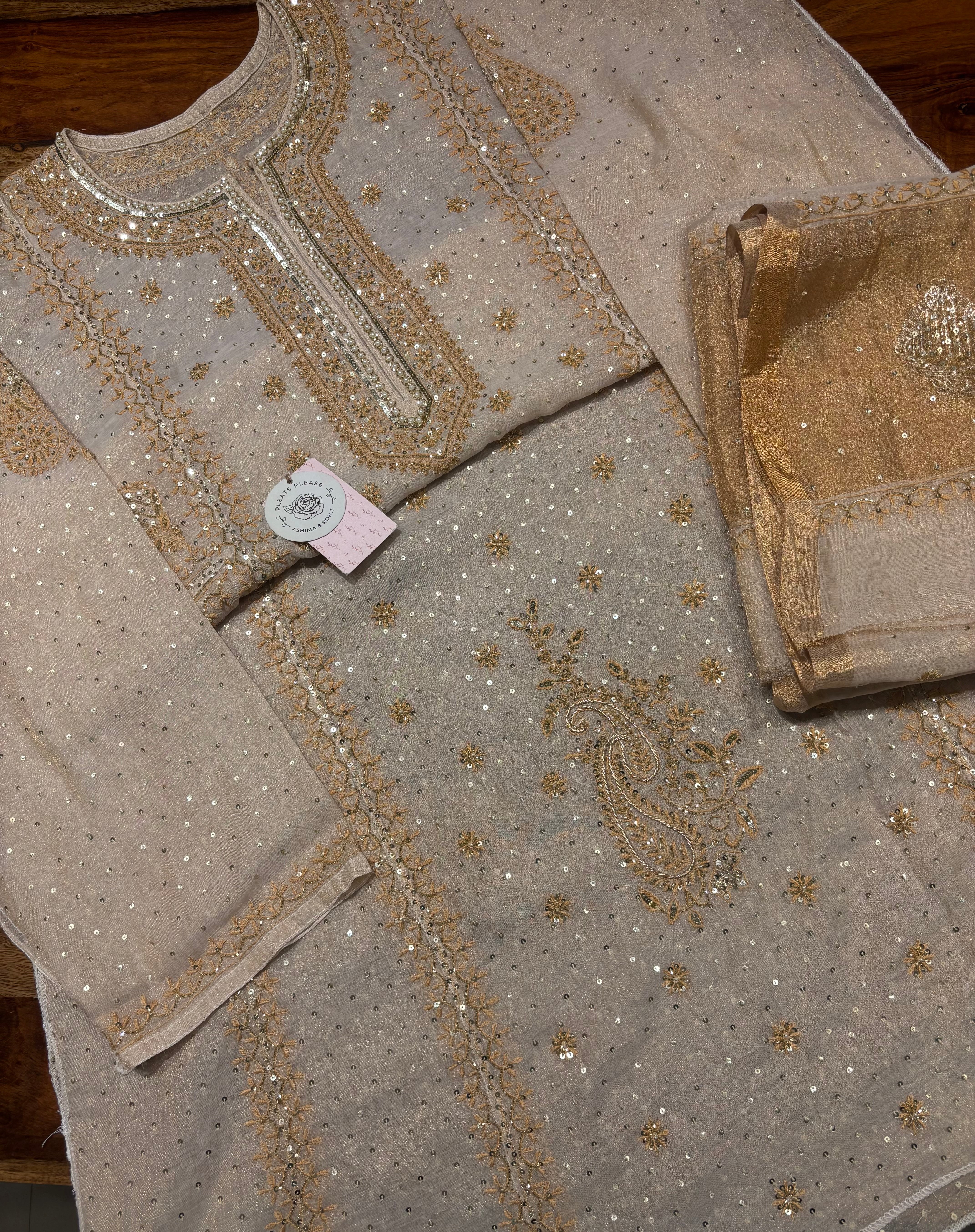 Dyeable Pure & Premium Tissue Chikankari A- Line Anarkali & Dupatta Set Pearl Neckline