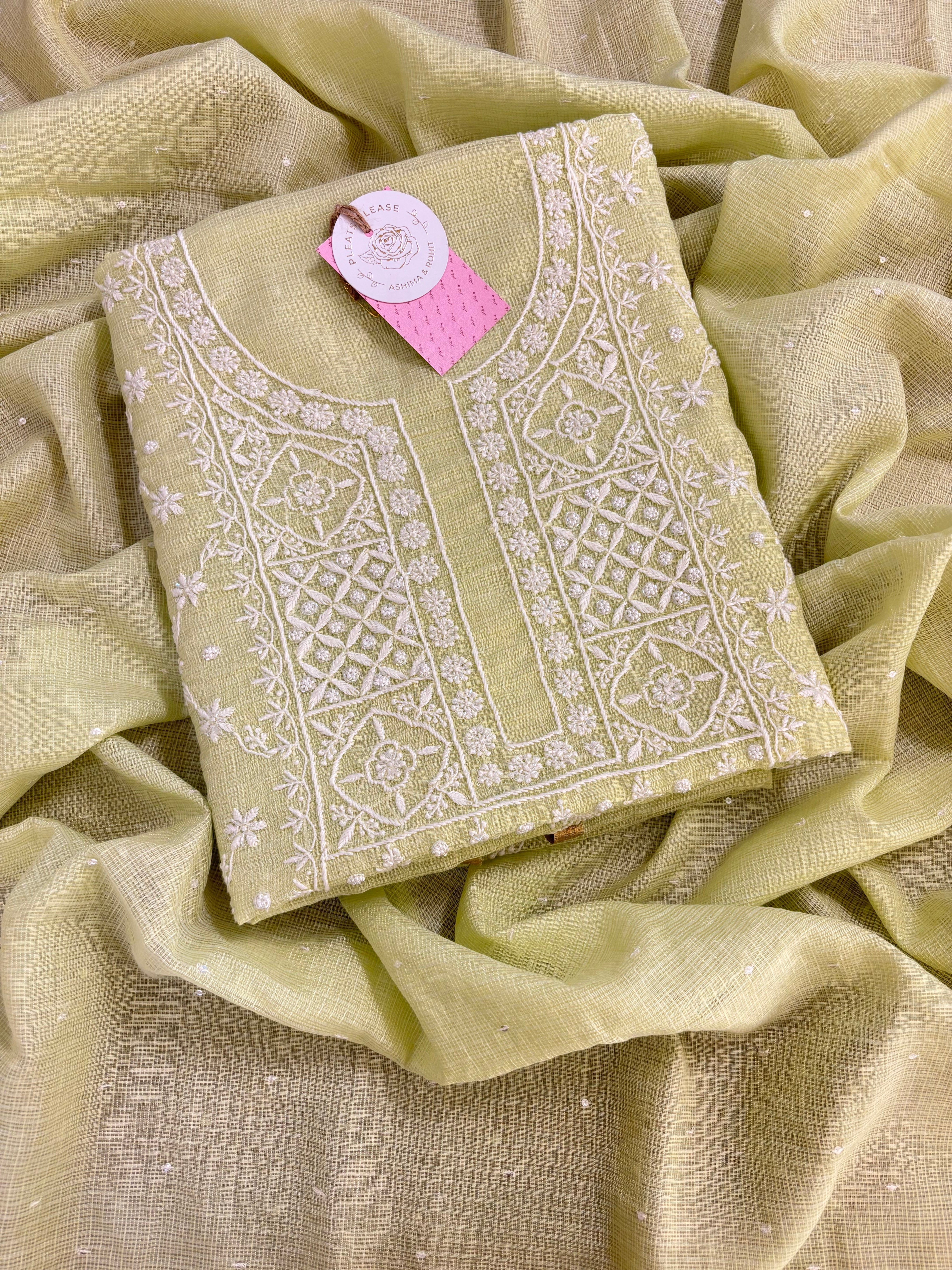 Pistachio Green Kota Doria Chikankari Kurta & Dupatta