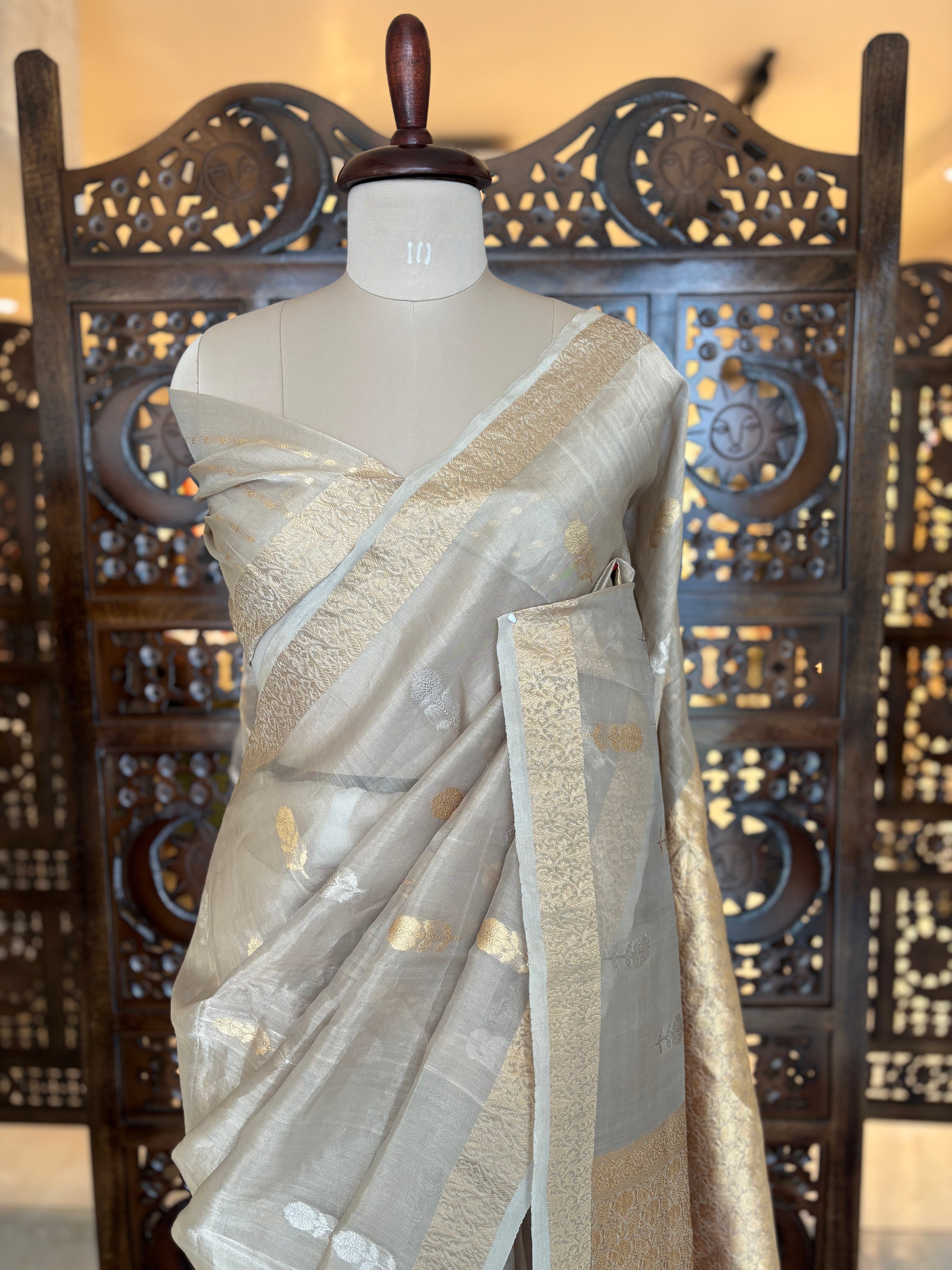 Golden Tissue Organza Banarsi Saree and Blouse - Pleats PleaseChikankari