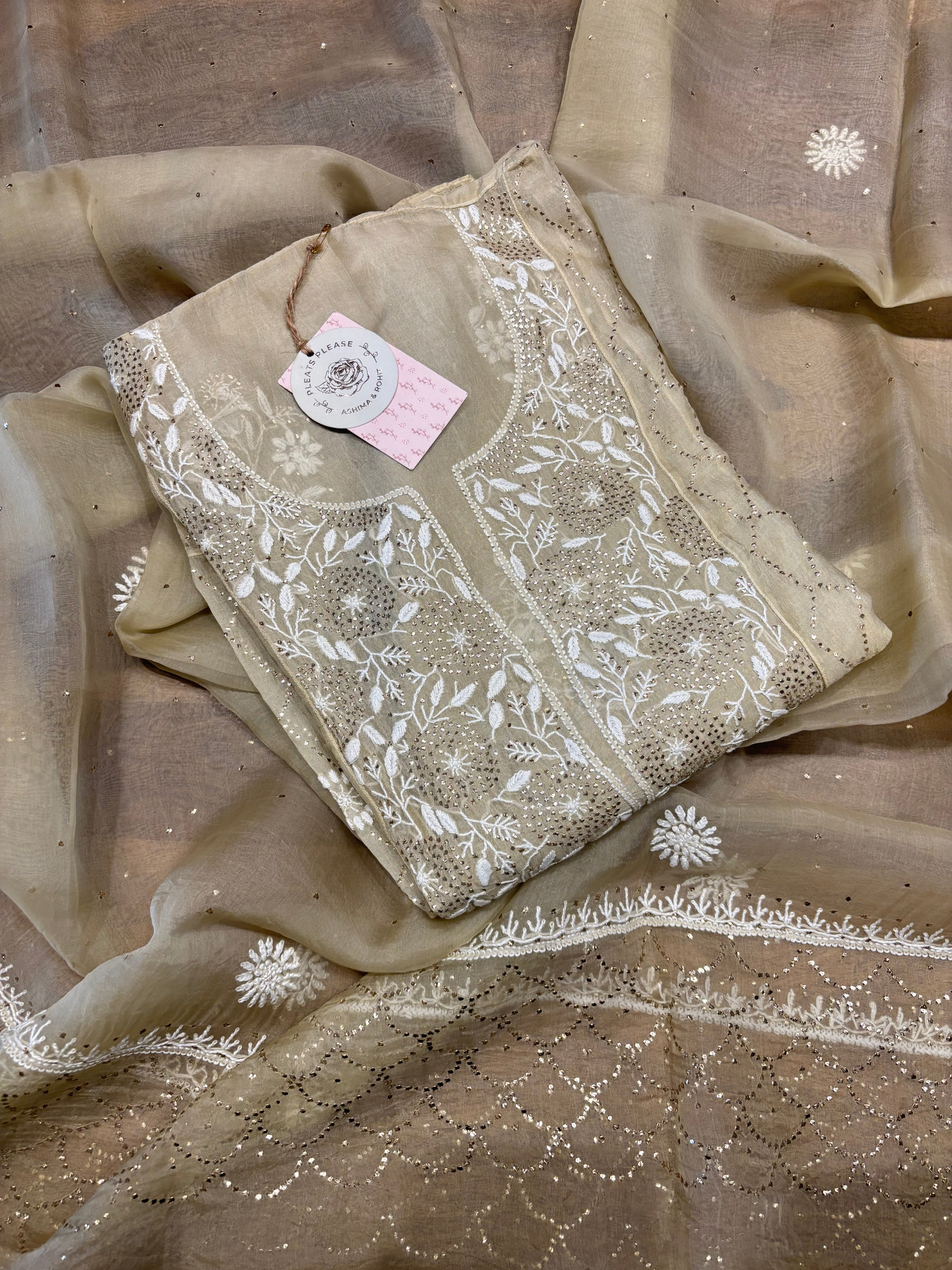 Golden Organza chikankari Anarkali and dupatta