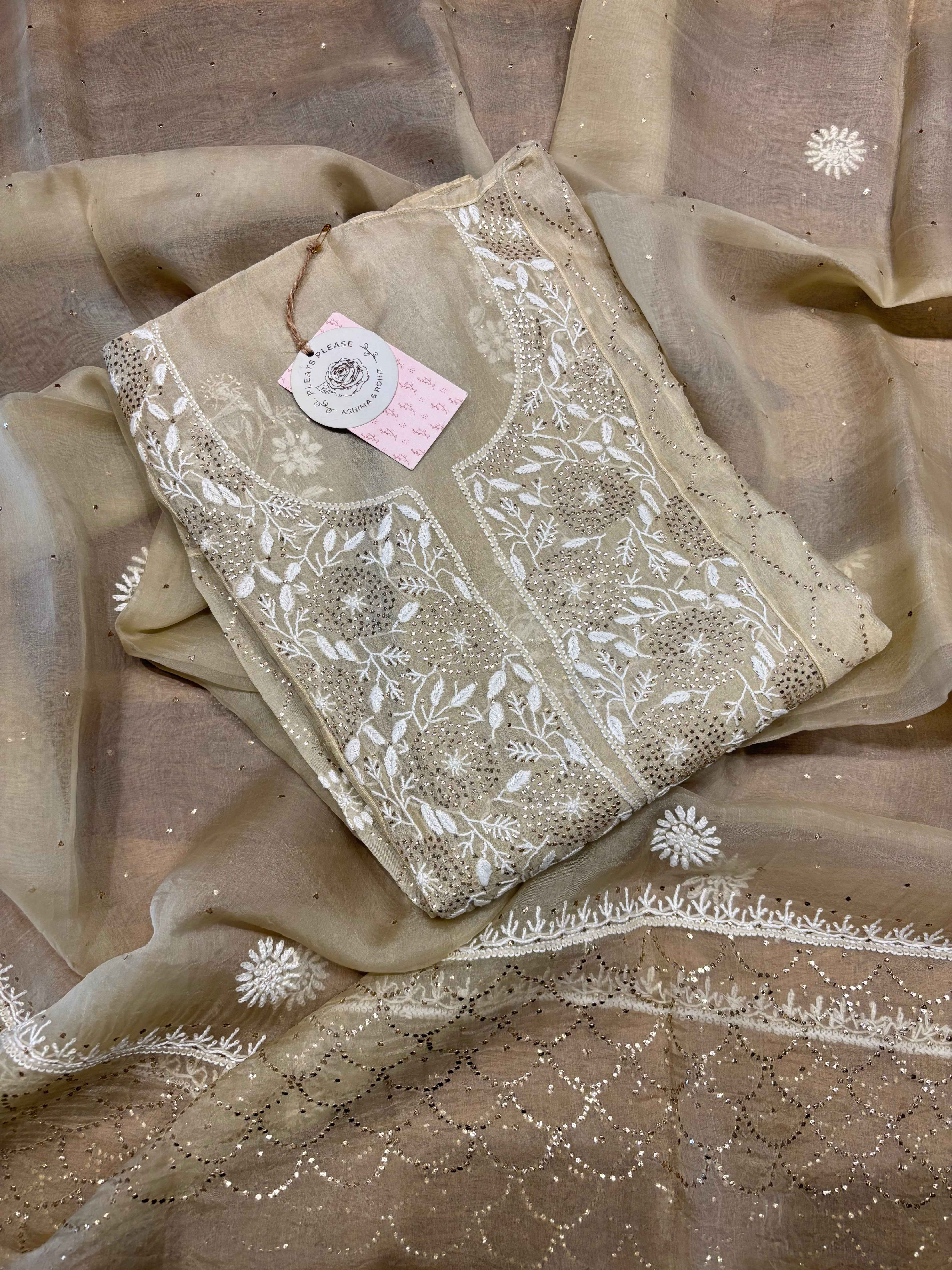 Golden Organza chikankari Anarkali and dupatta - Pleats PleaseChikankari