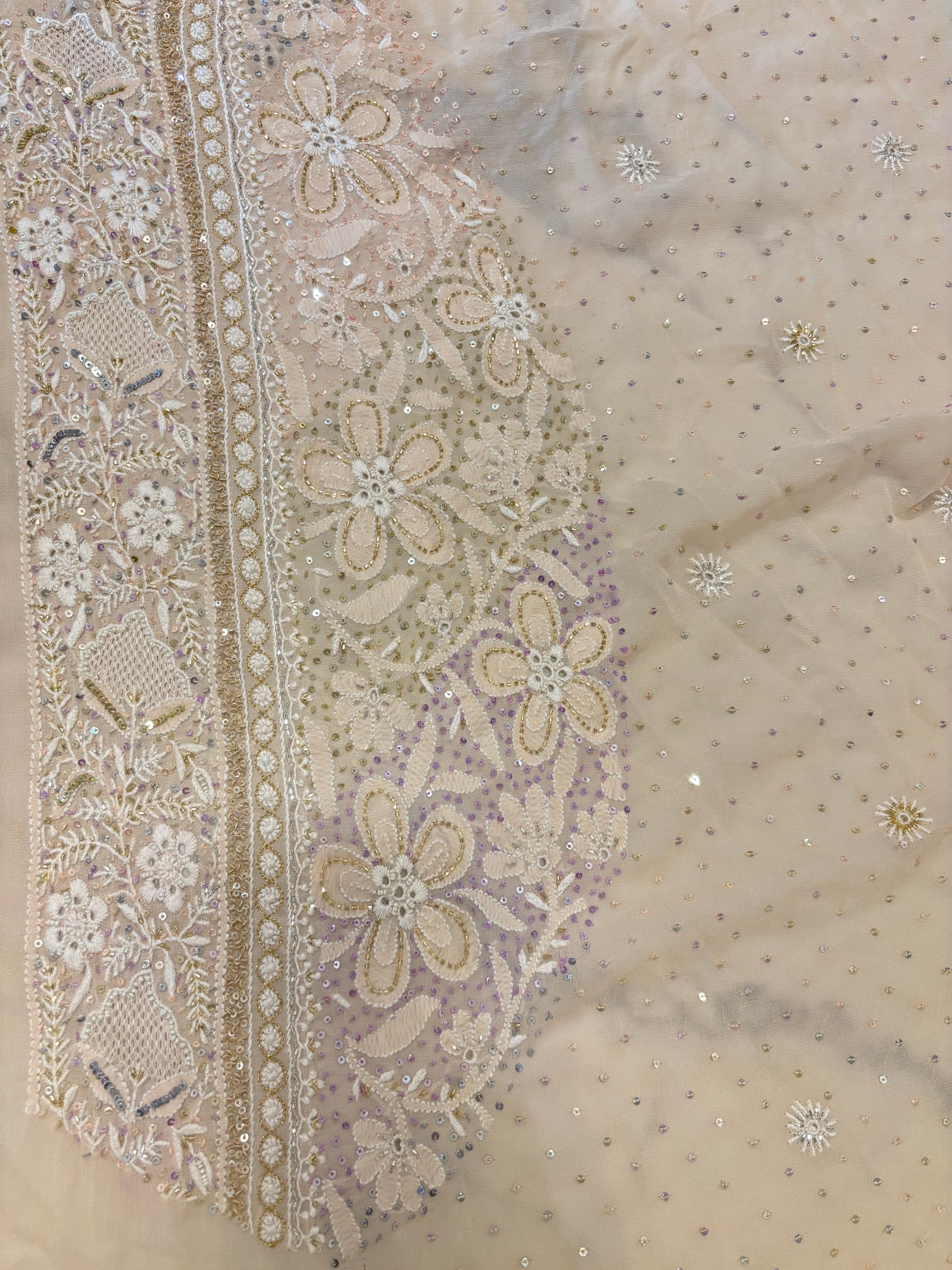 Coffee Cream Pure Georgette Chikankari Saree and Blouse - Pleats PleaseChikankari