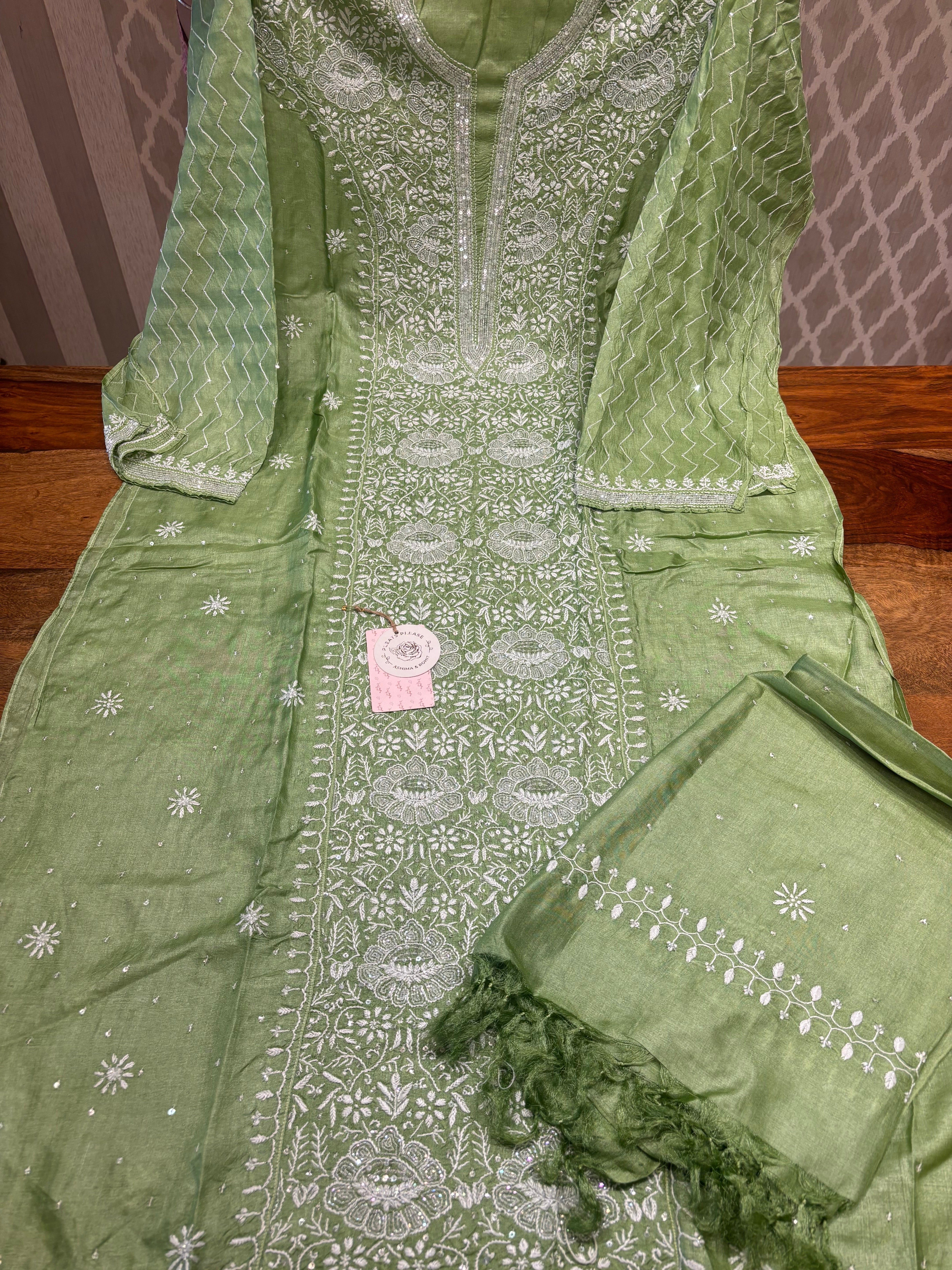 Olive Green Silk Chikankari Kurta and Dupatta