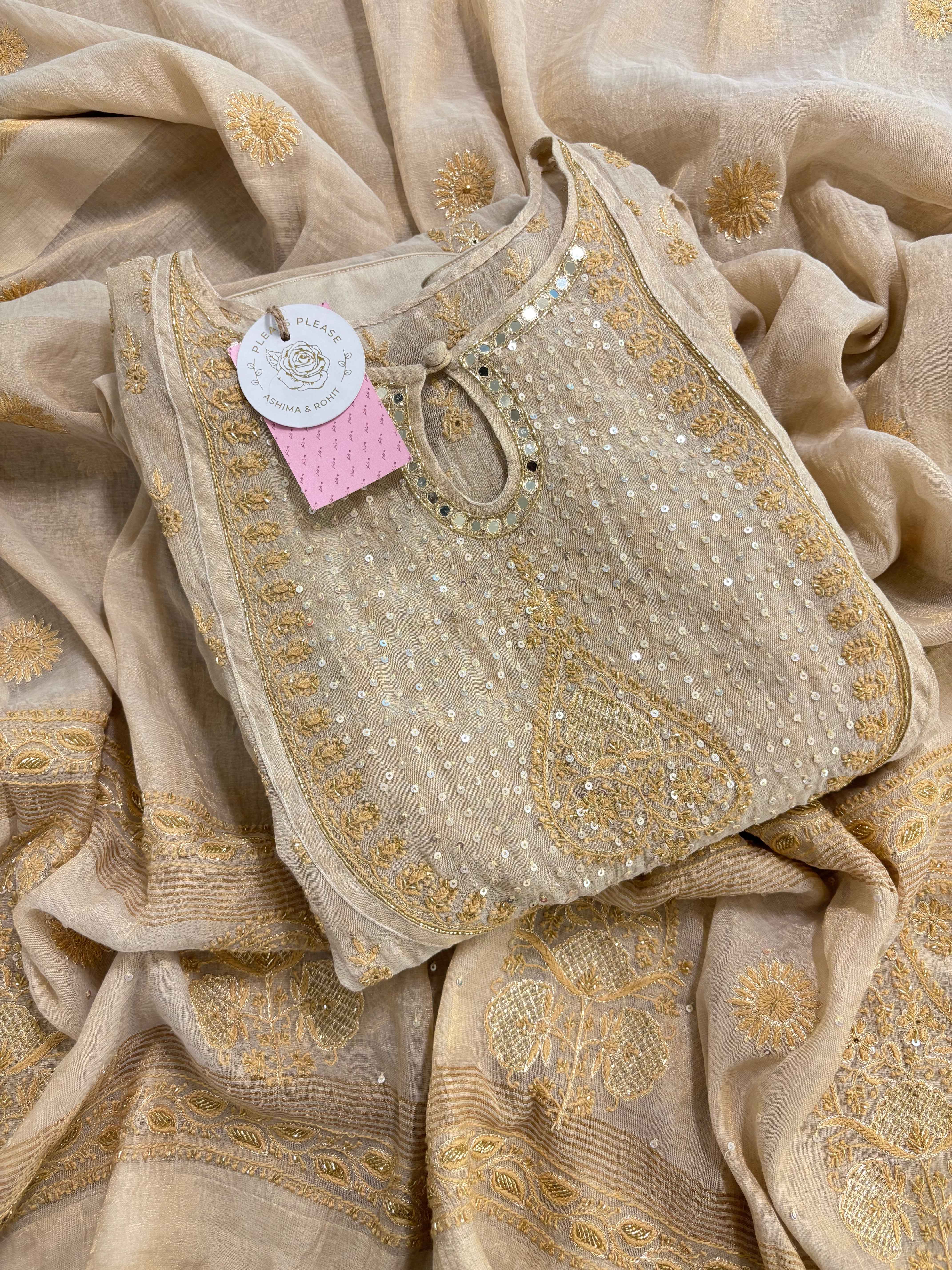 Dyeable Pure & Premium Tissue Mirror Chikankari Bajirao Anarkali & Dupatta