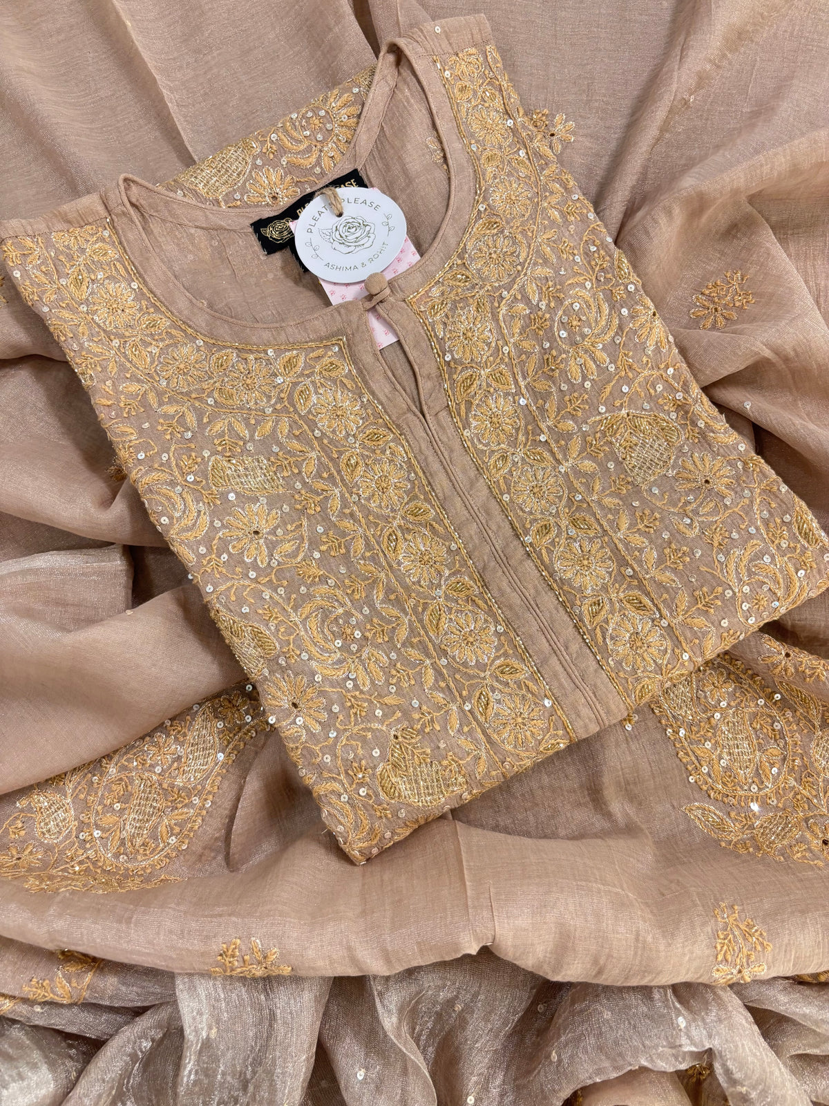 Antique Beige Pure & Premium Tissue Chikankari Kurta & Dupatta