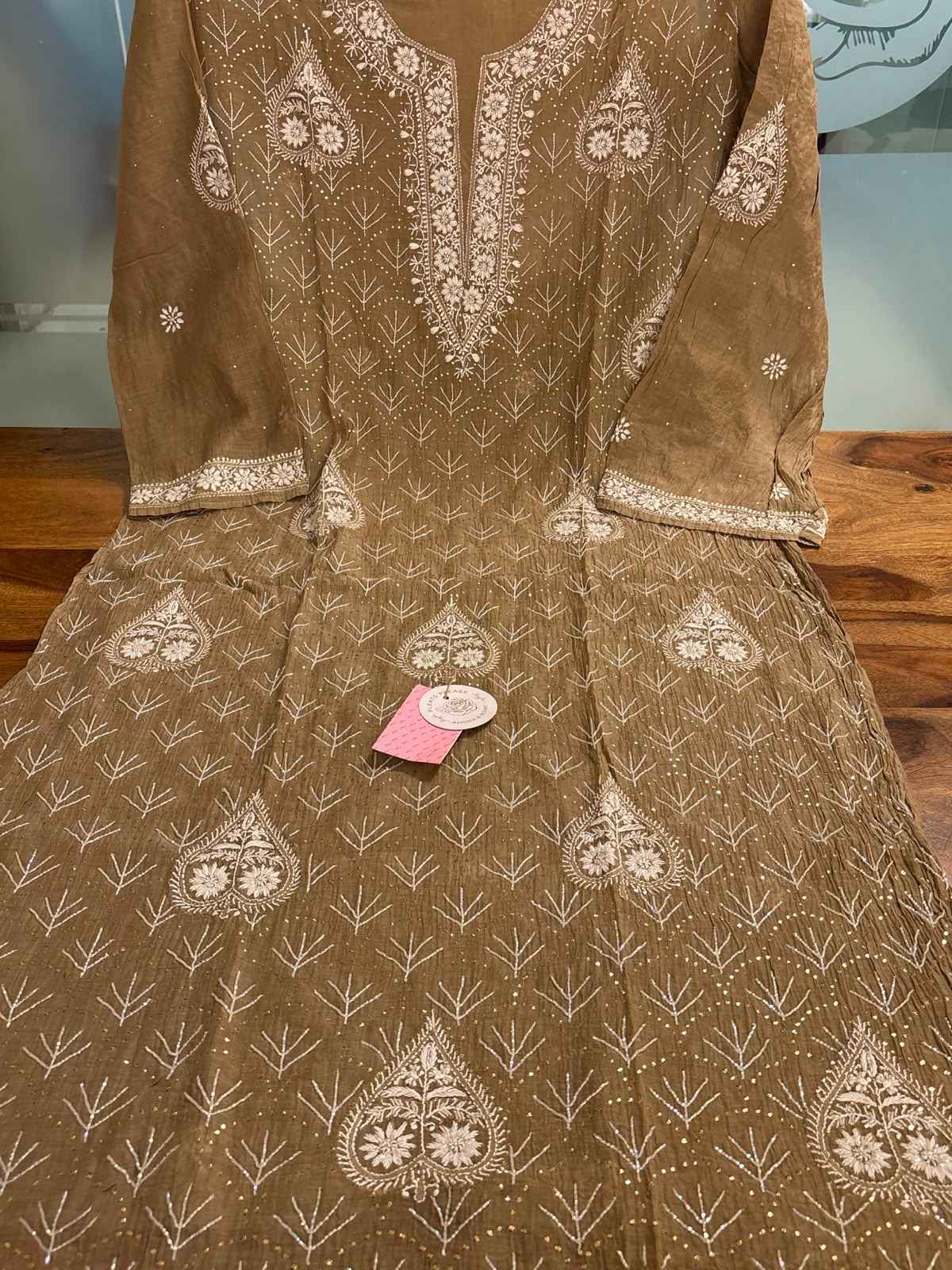 Camel Brown Chanderi Chikankari Mukaish Kurta & Dupatta