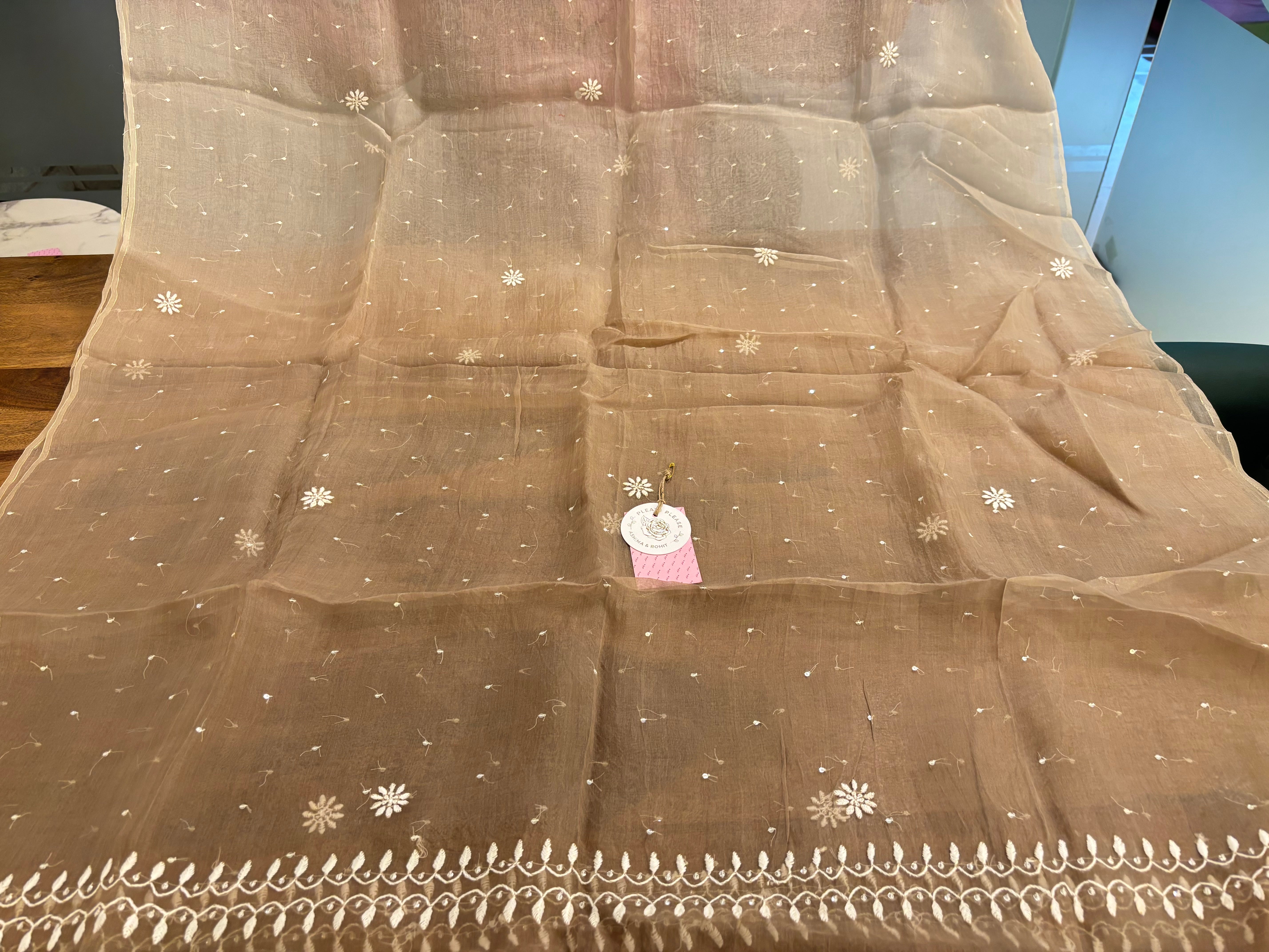 Brown Ombré Organza Silk Chikankari Kurta & Dupatta
