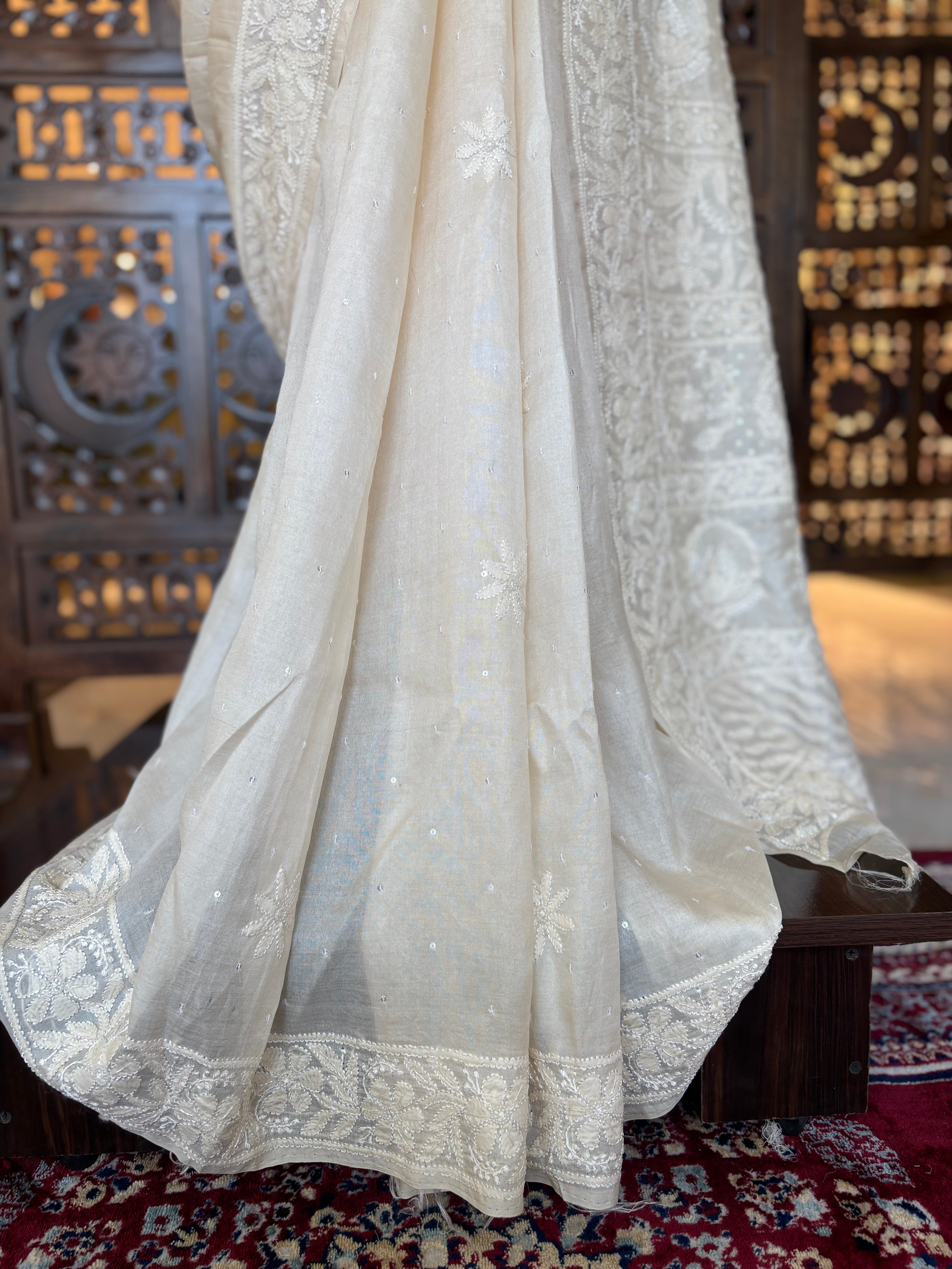 Dyeable Pure & Premium White Tussar Silk Chikankari Saree & Blouse