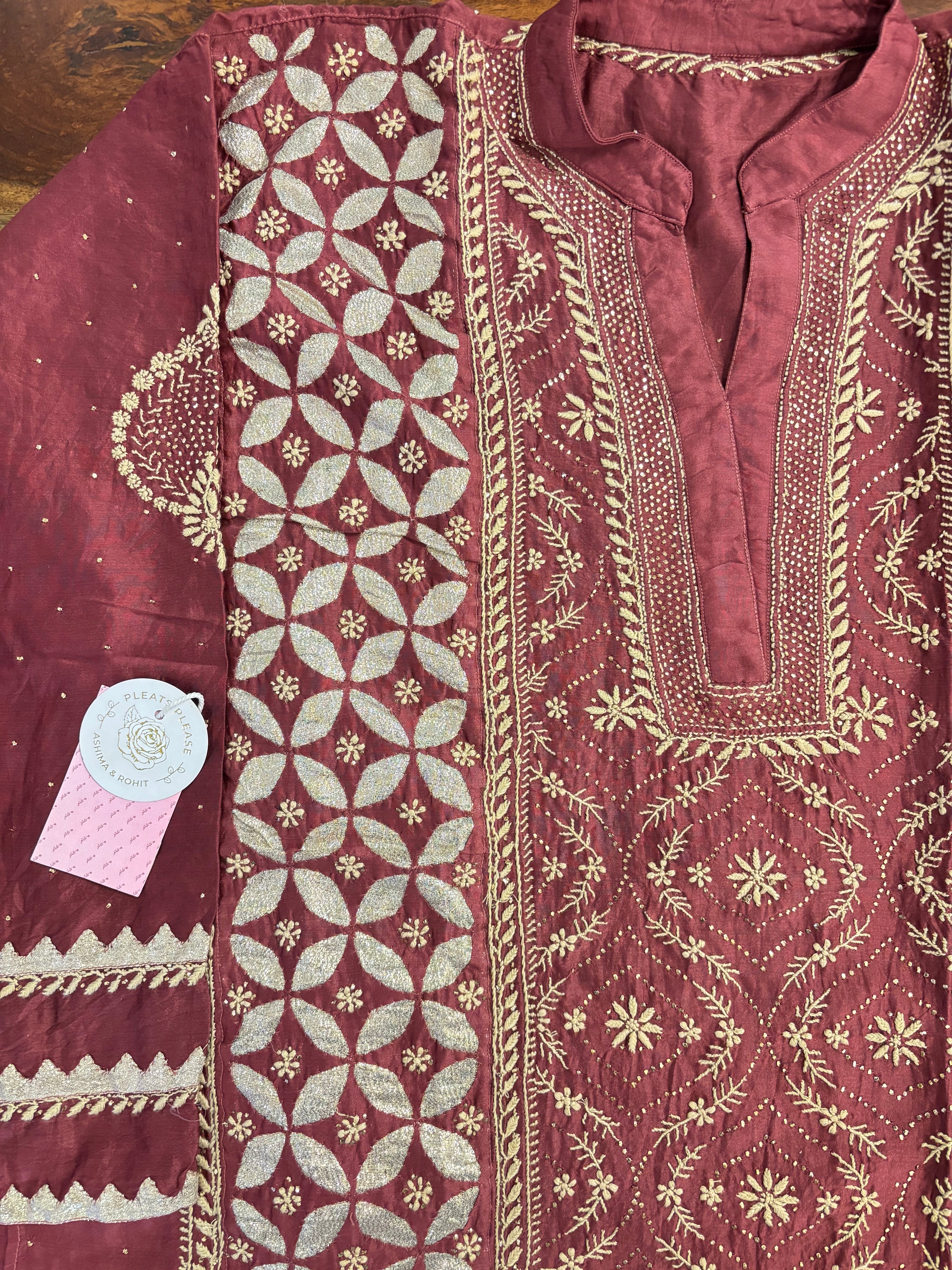Maroon Chanderi Chikankari Mukaish Kurta & Dupatta