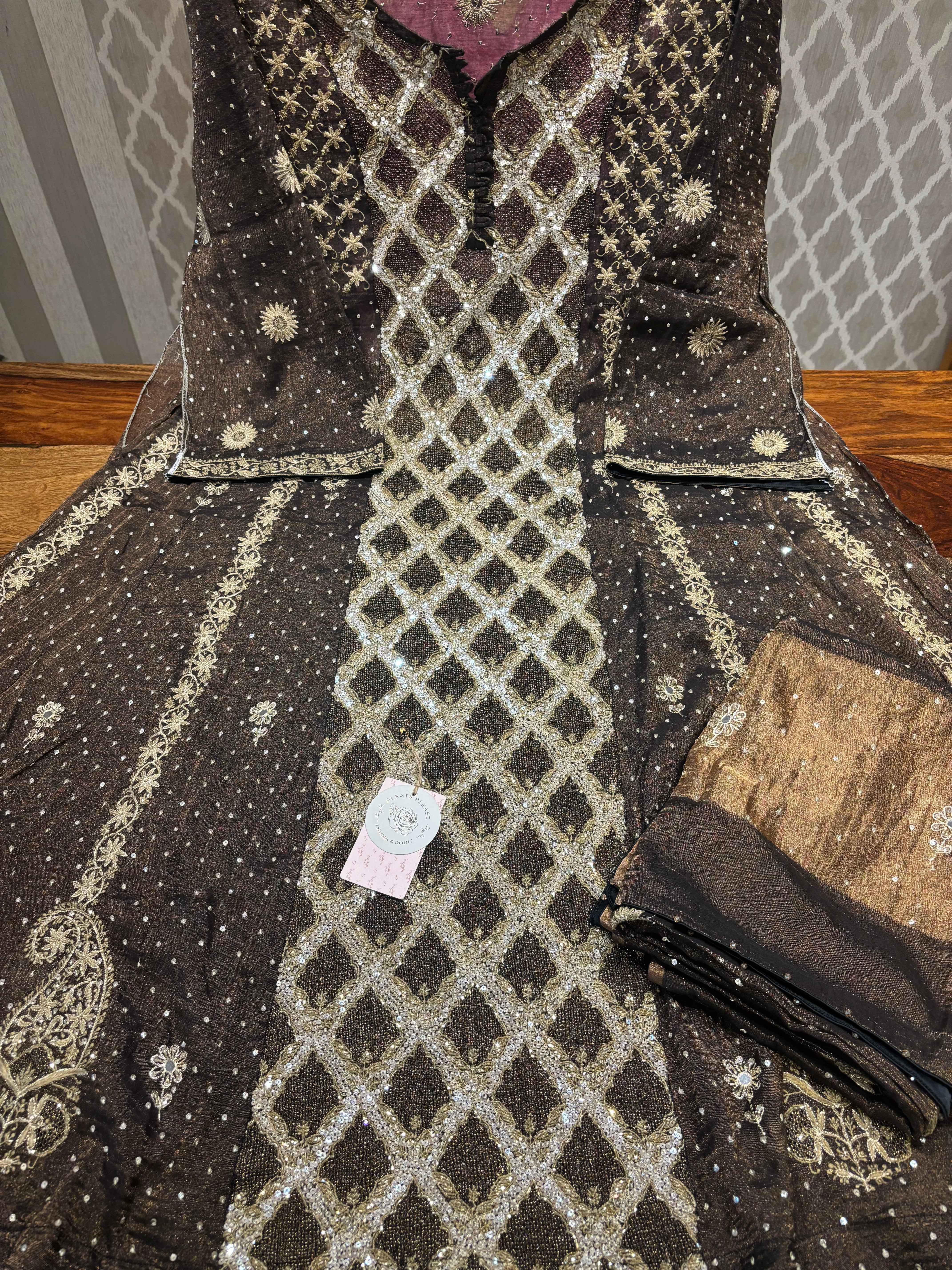 Black Pure Tissue Anarkali And Dupatta set - Pleats PleaseChikankari