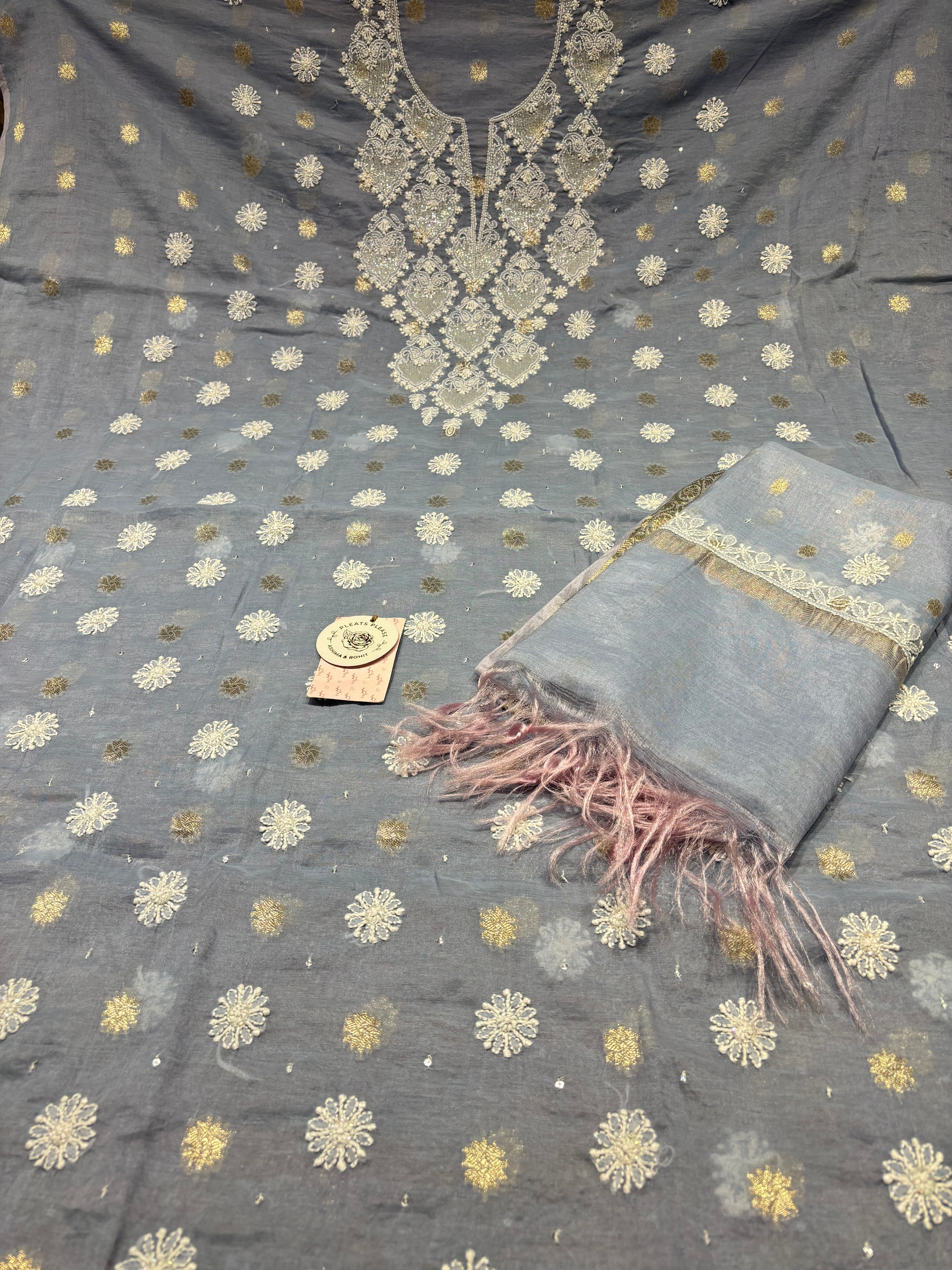 Powder Blue Chanderi Silk Chikankari Kurta & Dupatta Fabric