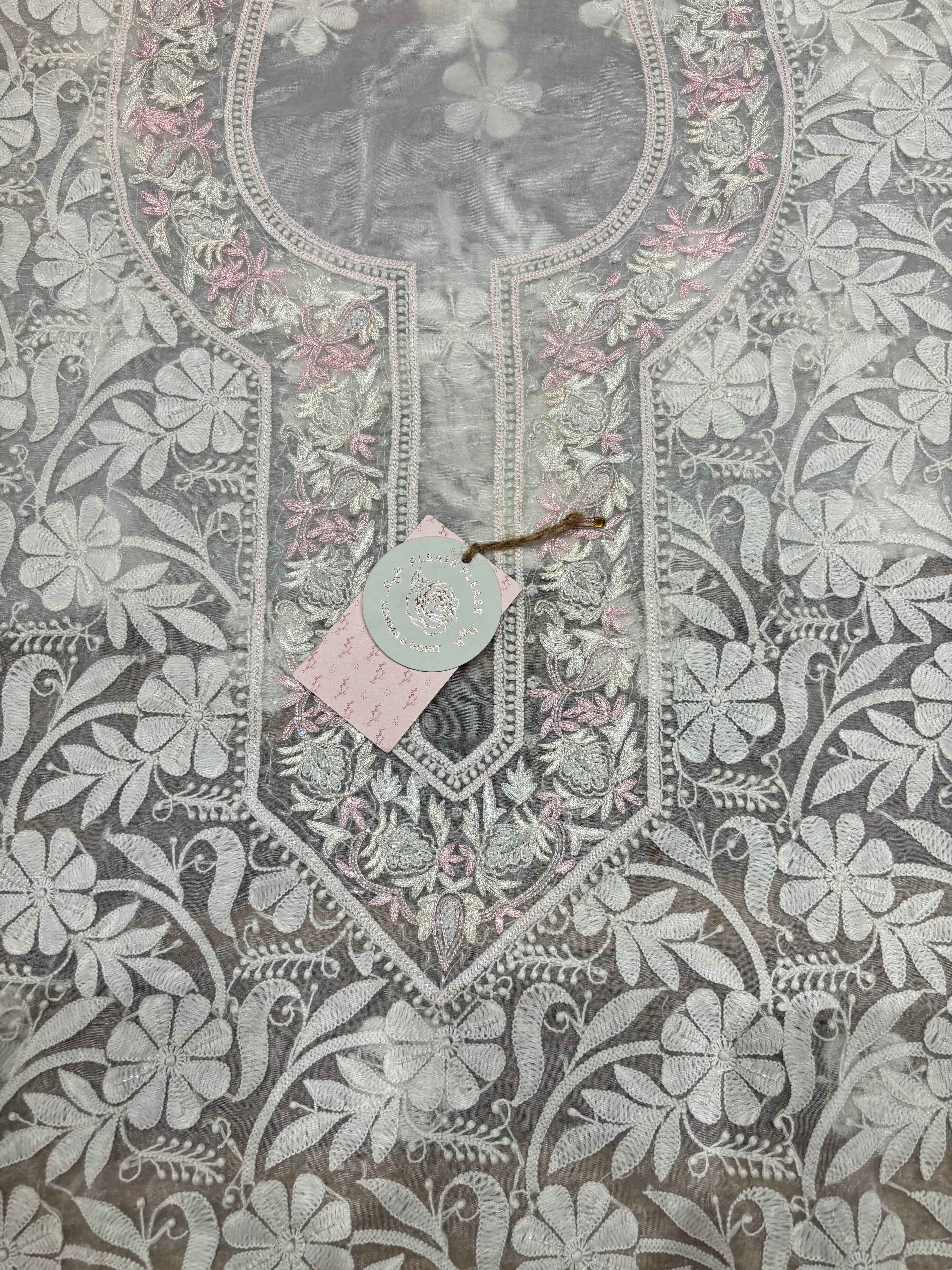 Dyeable Organza Chikankari Kurta Fabric - Pleats PleaseChikankari