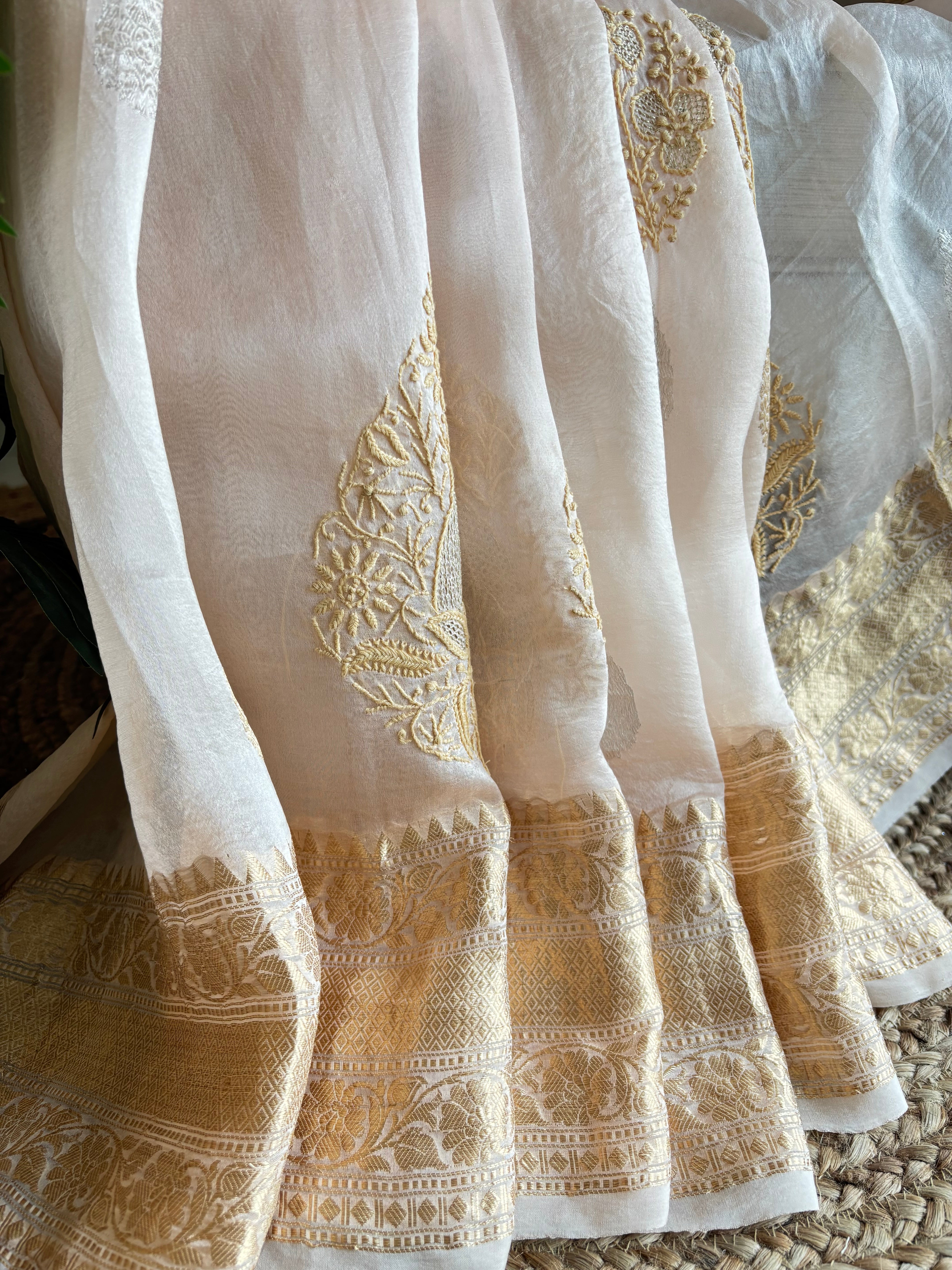 Rose Gold organza Kora Silk Chikankari Saree and Blouse