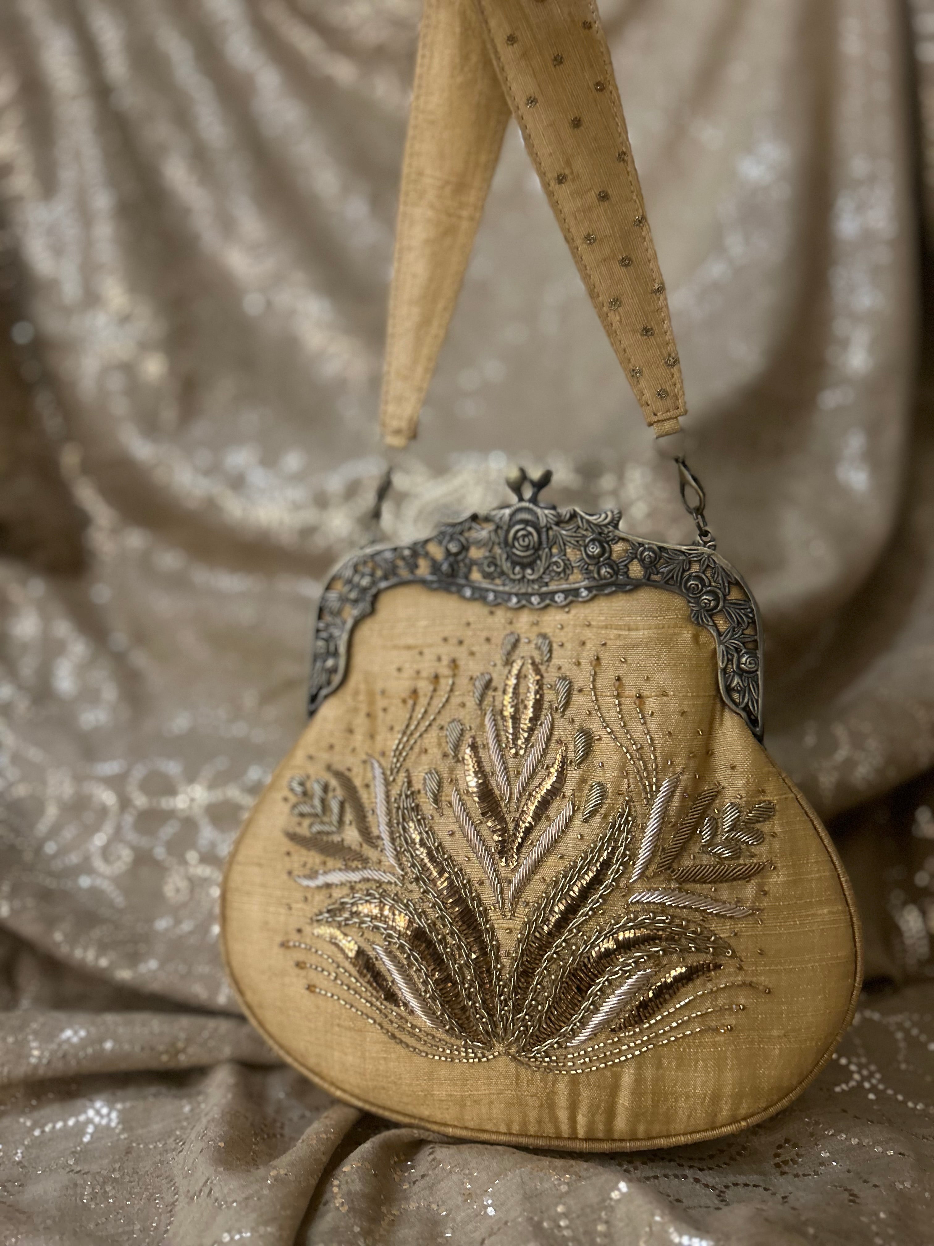 Beige Zardozi Mukaish Clutch Bag