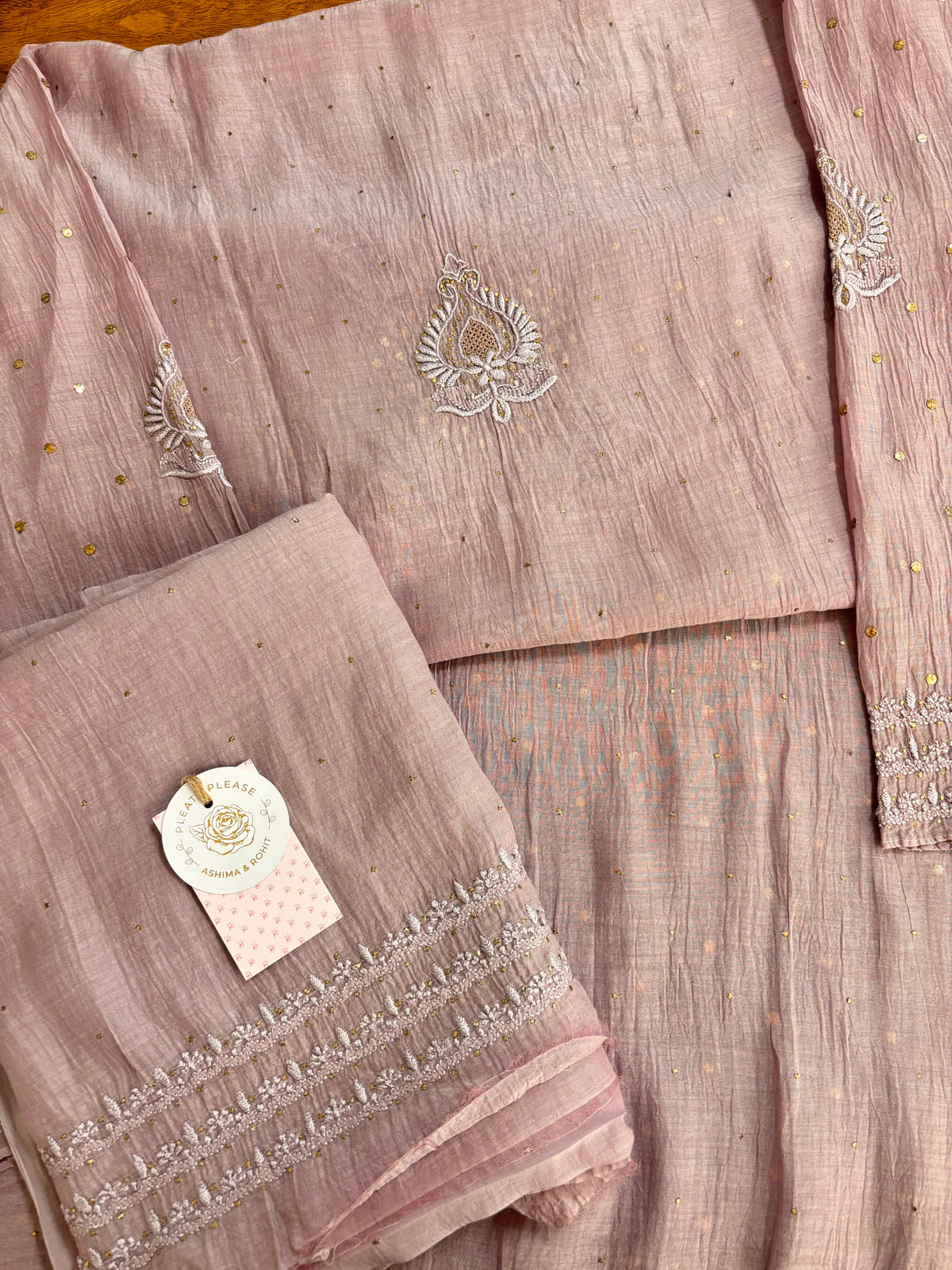 Dusty Mauve Chanderi Mul Chikankari Mukaish Kurta & Dupatta
