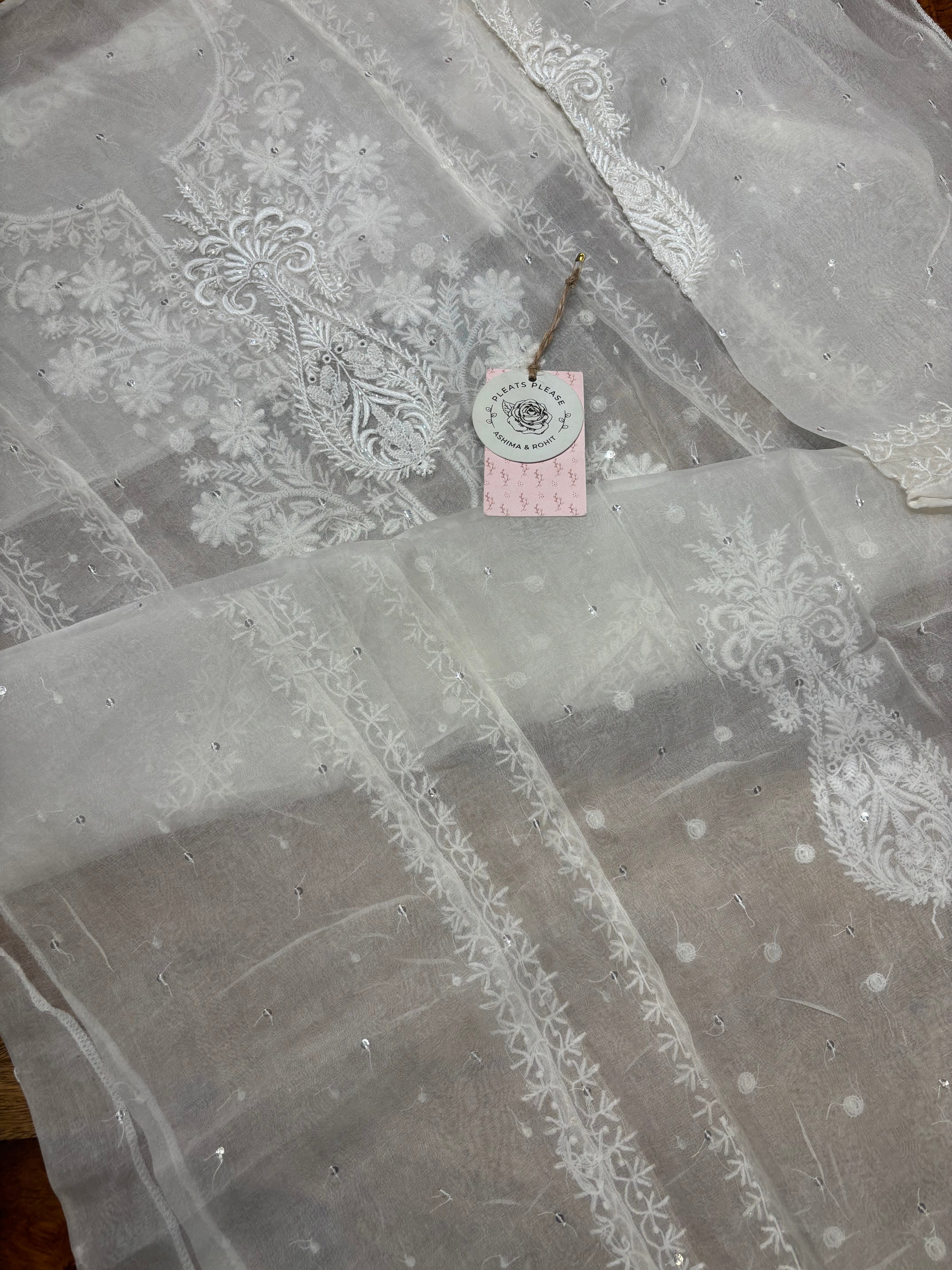 Dyeable Pure Organza Chikankari Kurta And Dupatta Set