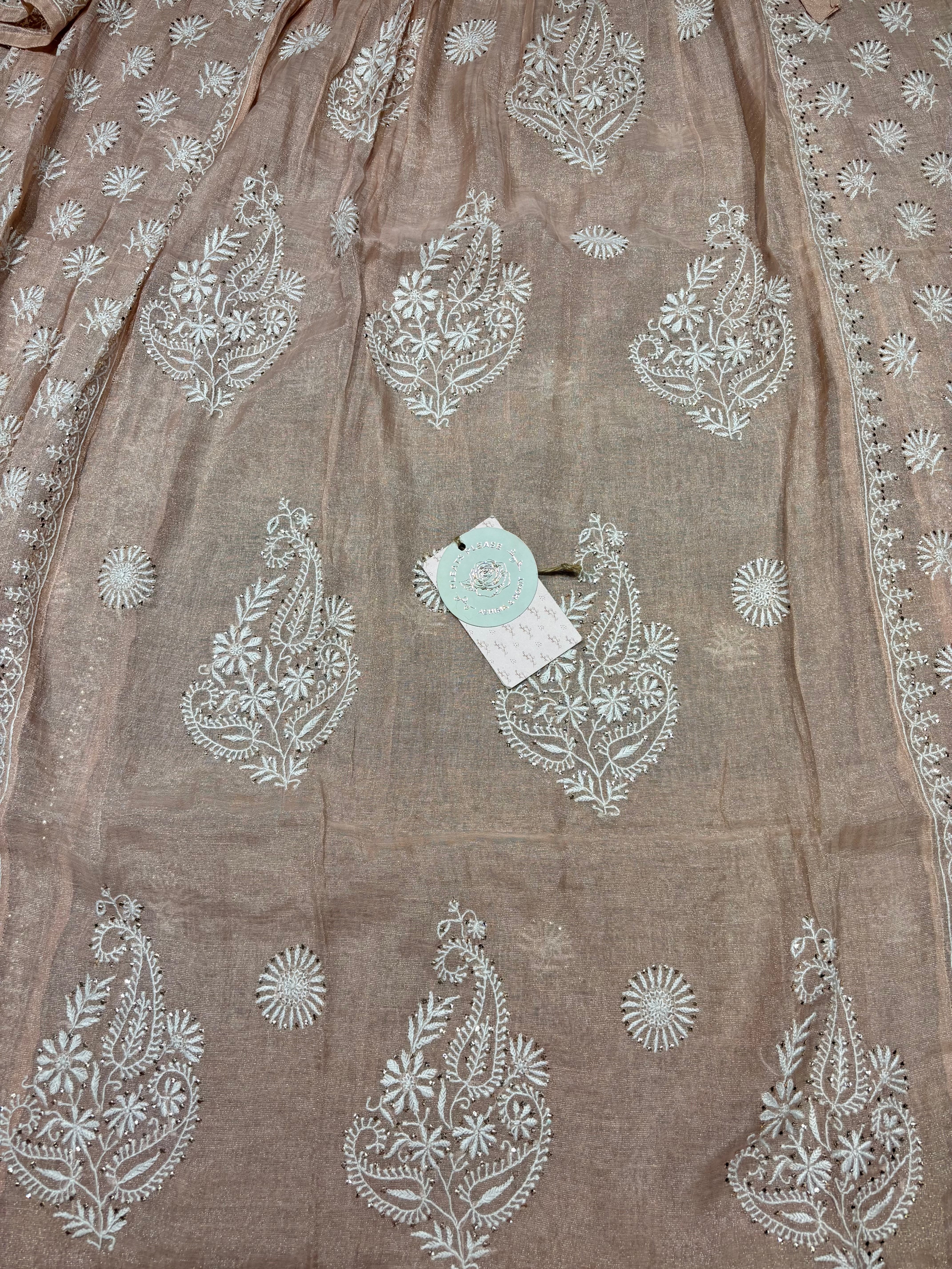 Peach Pure & Premium Tissue Chikankari Angrakha Kurta & Dupatta Set