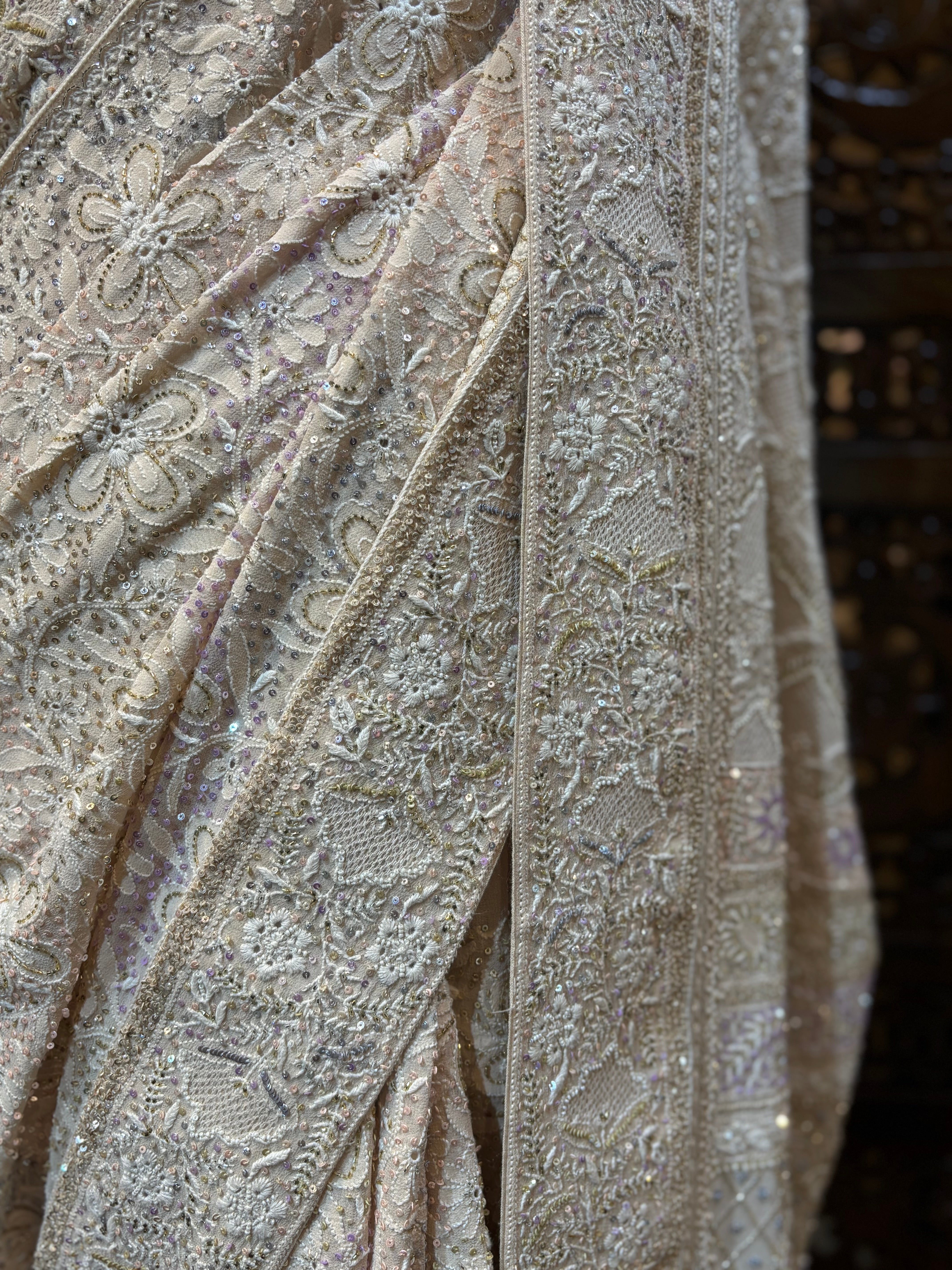 Coffee Cream Pure Georgette Chikankari Saree and Blouse - Pleats PleaseChikankari