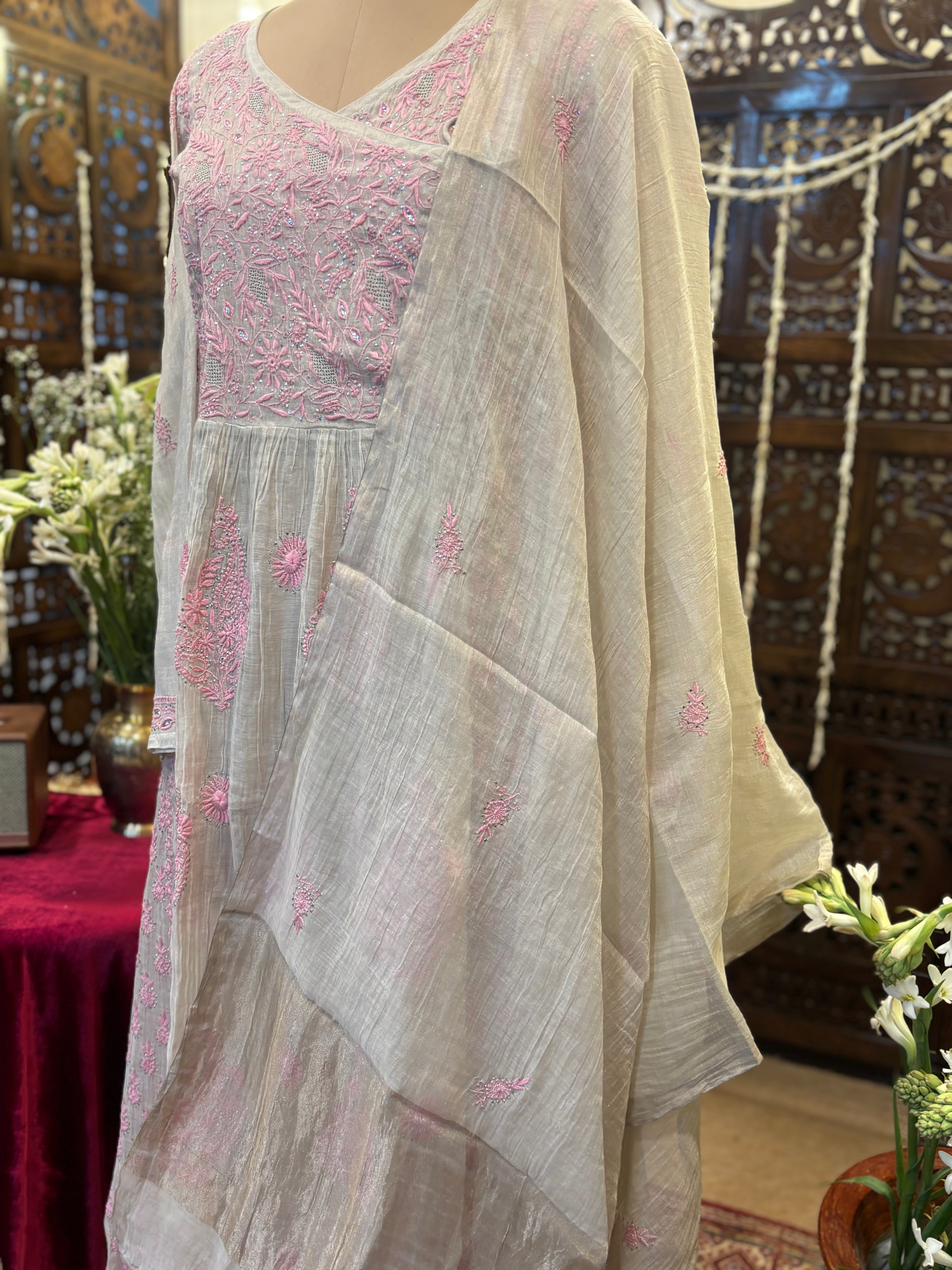 Dyeable pure and premium Tissue Chikankari & Mukaish Angrakha Kurta and Dupatta Set