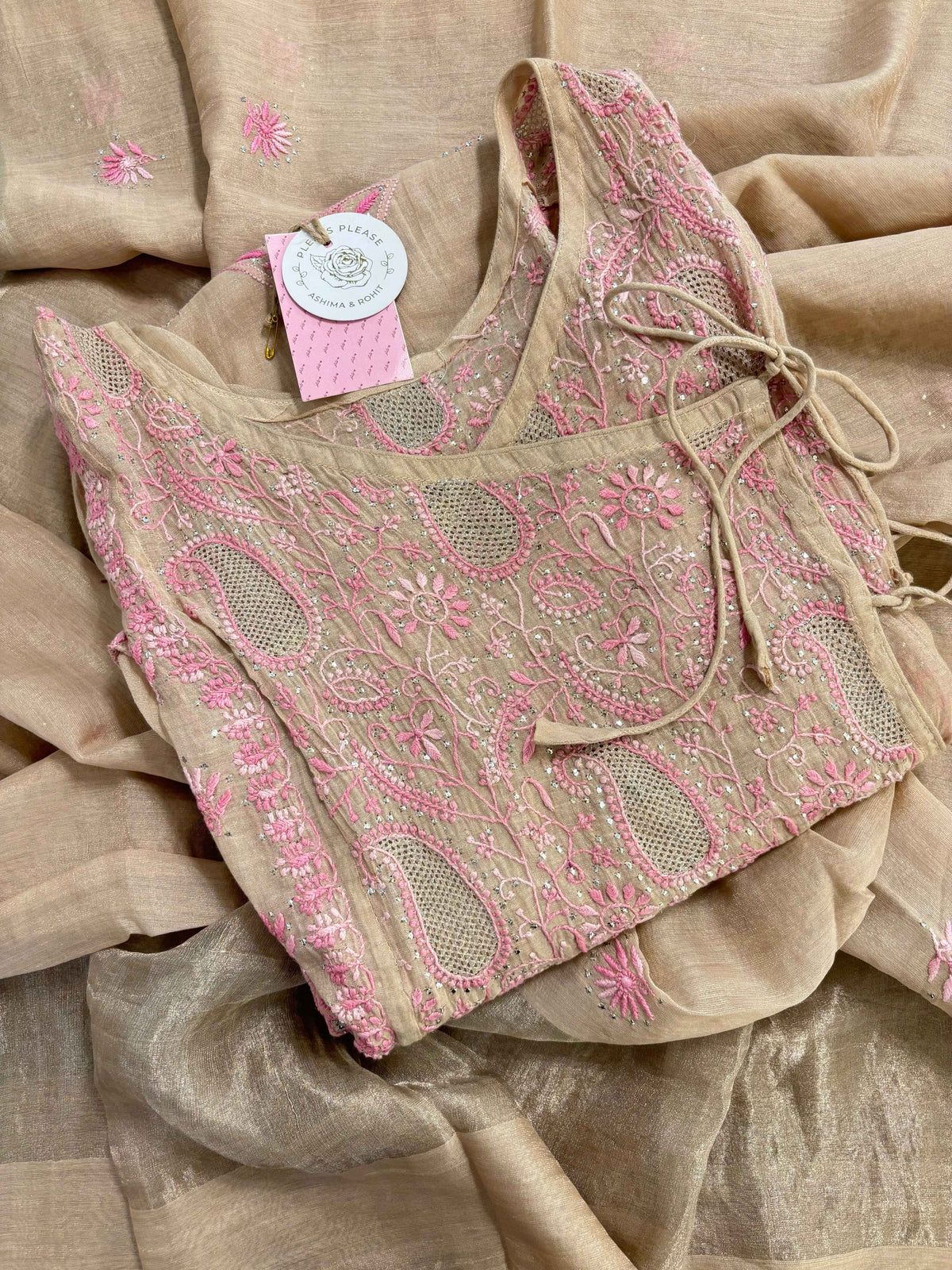 Pastel Peach Pure & Premium Tissue Chikankari Mukaish Angrakha & Dupatta