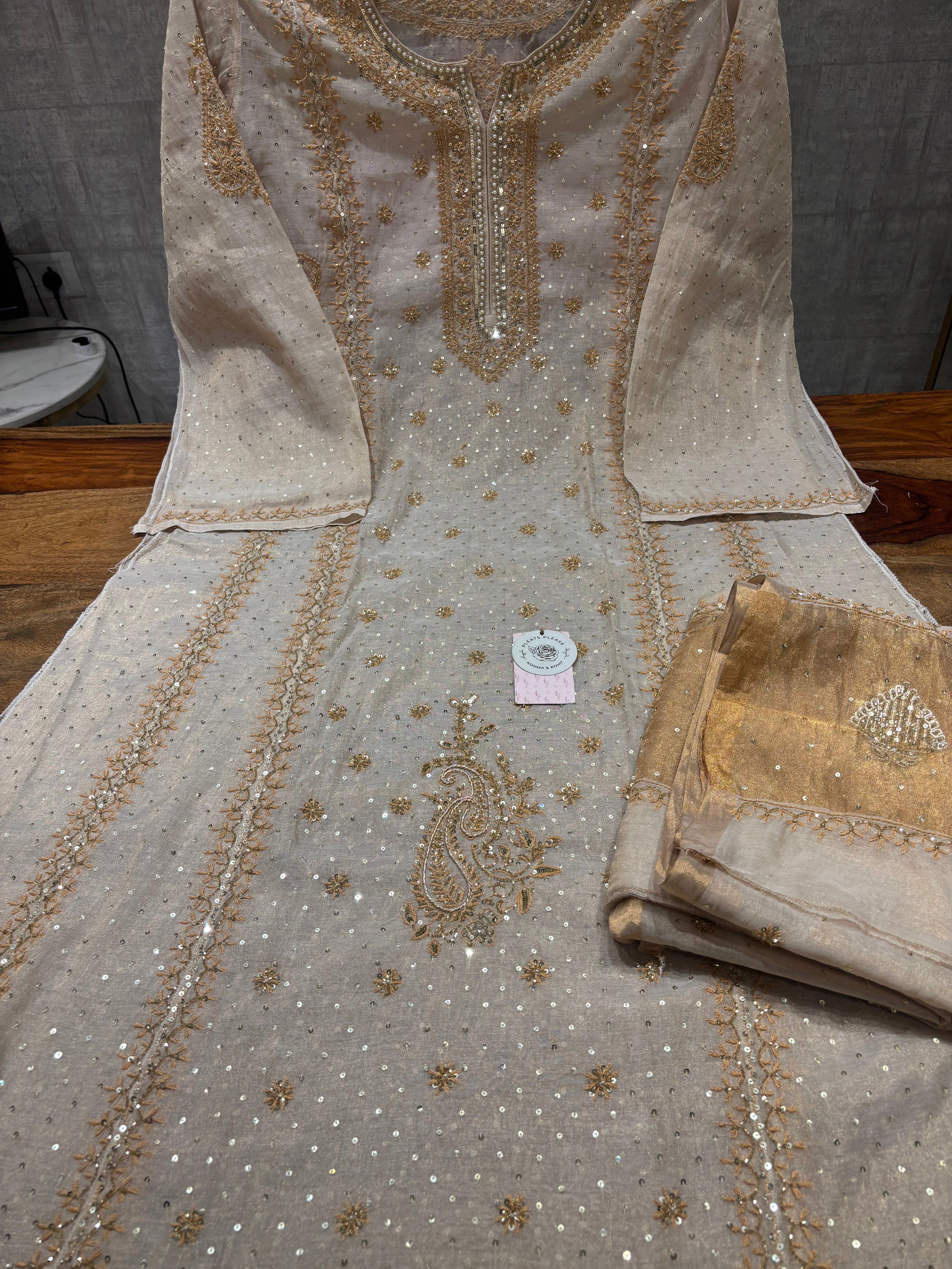 Dyeable Pure & Premium Tissue Chikankari A- Line Anarkali & Dupatta Set Pearl Neckline