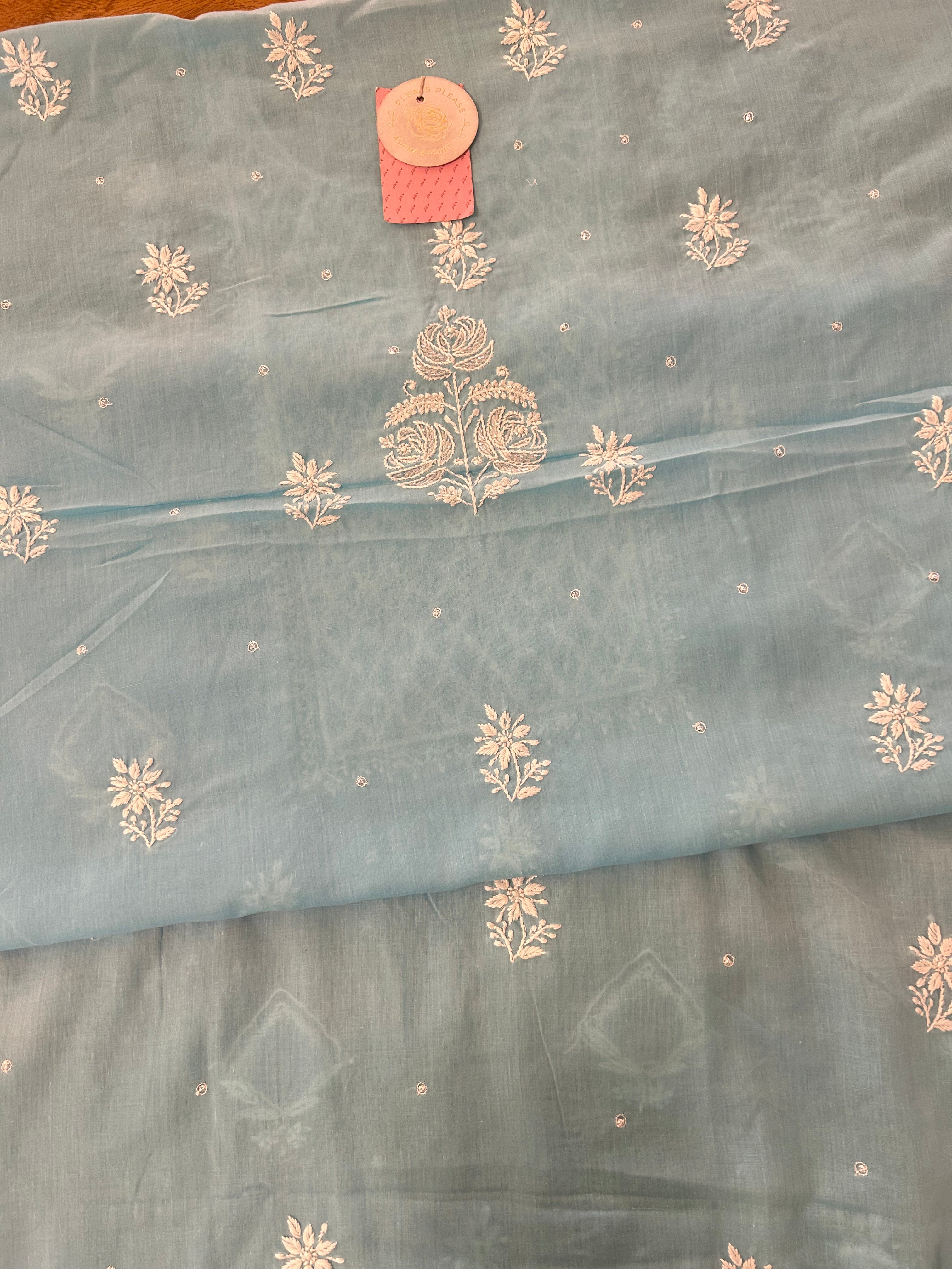 Ice Blue Mulmul Chikankari Kurta - Pleats PleaseChikankari
