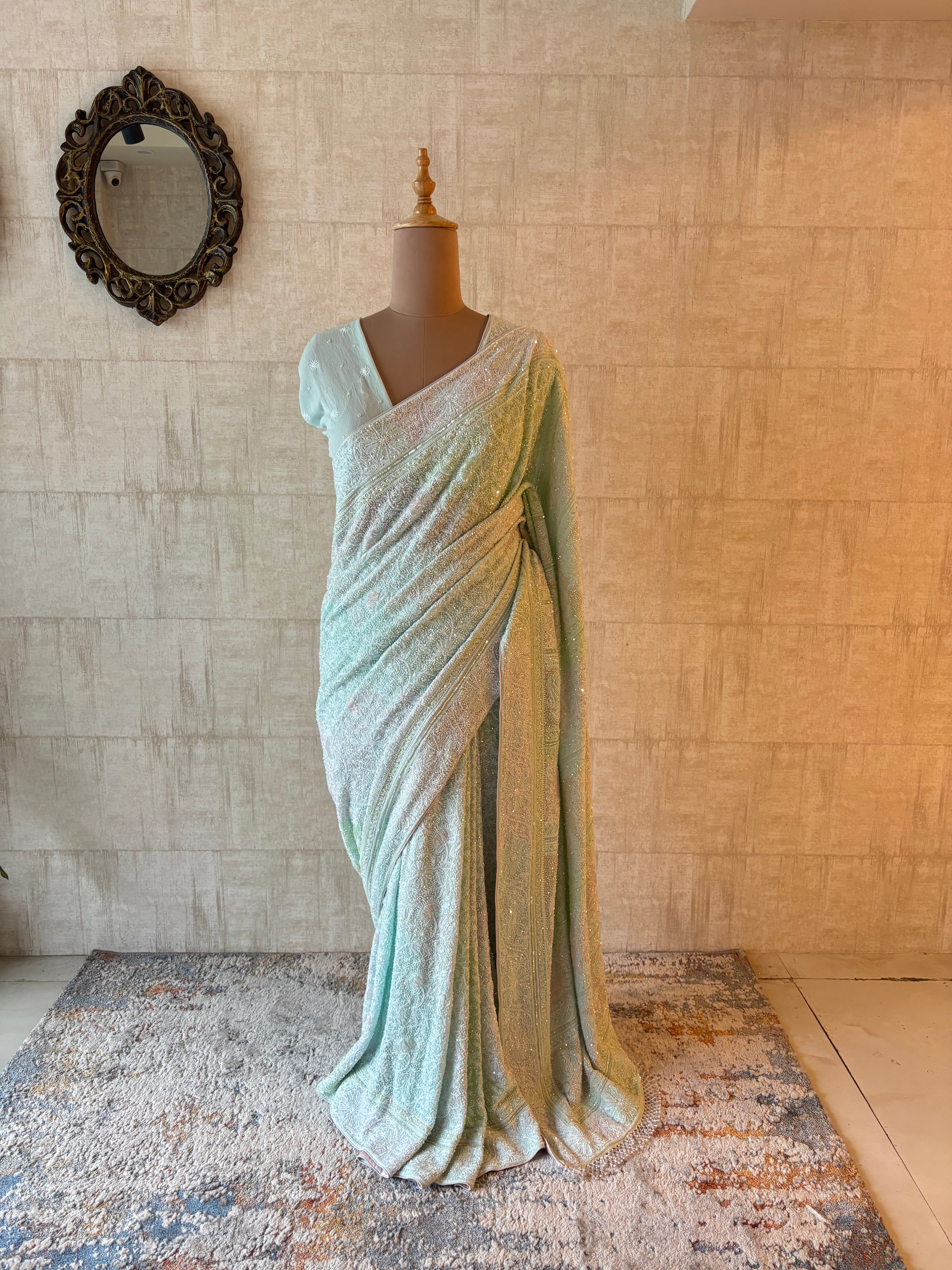 Aqua Blue Pure & Premium Georgette Chikankari Saree & Blouse