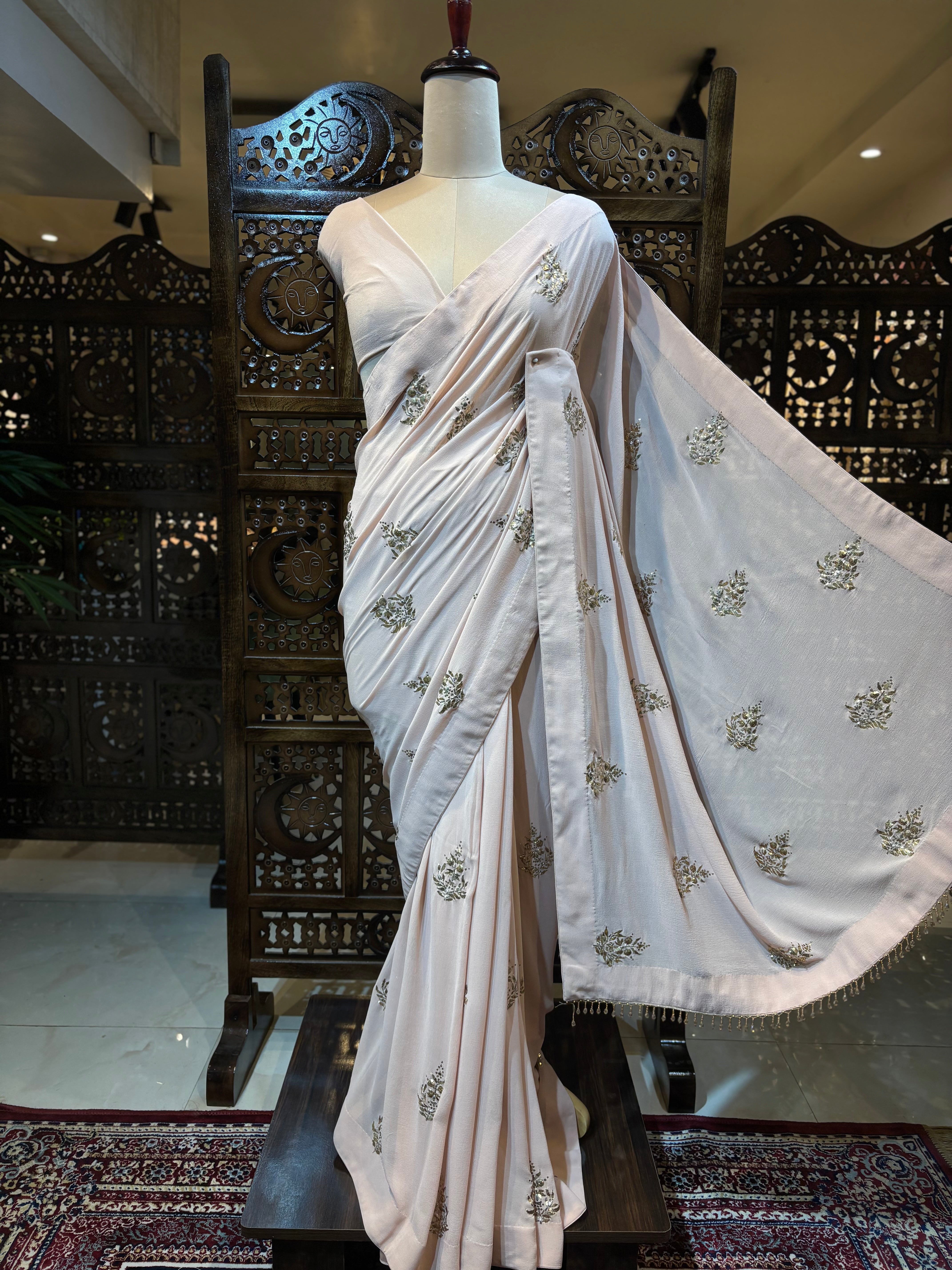 Dusty Peach Pure Georgette Badla Saree and Blouse