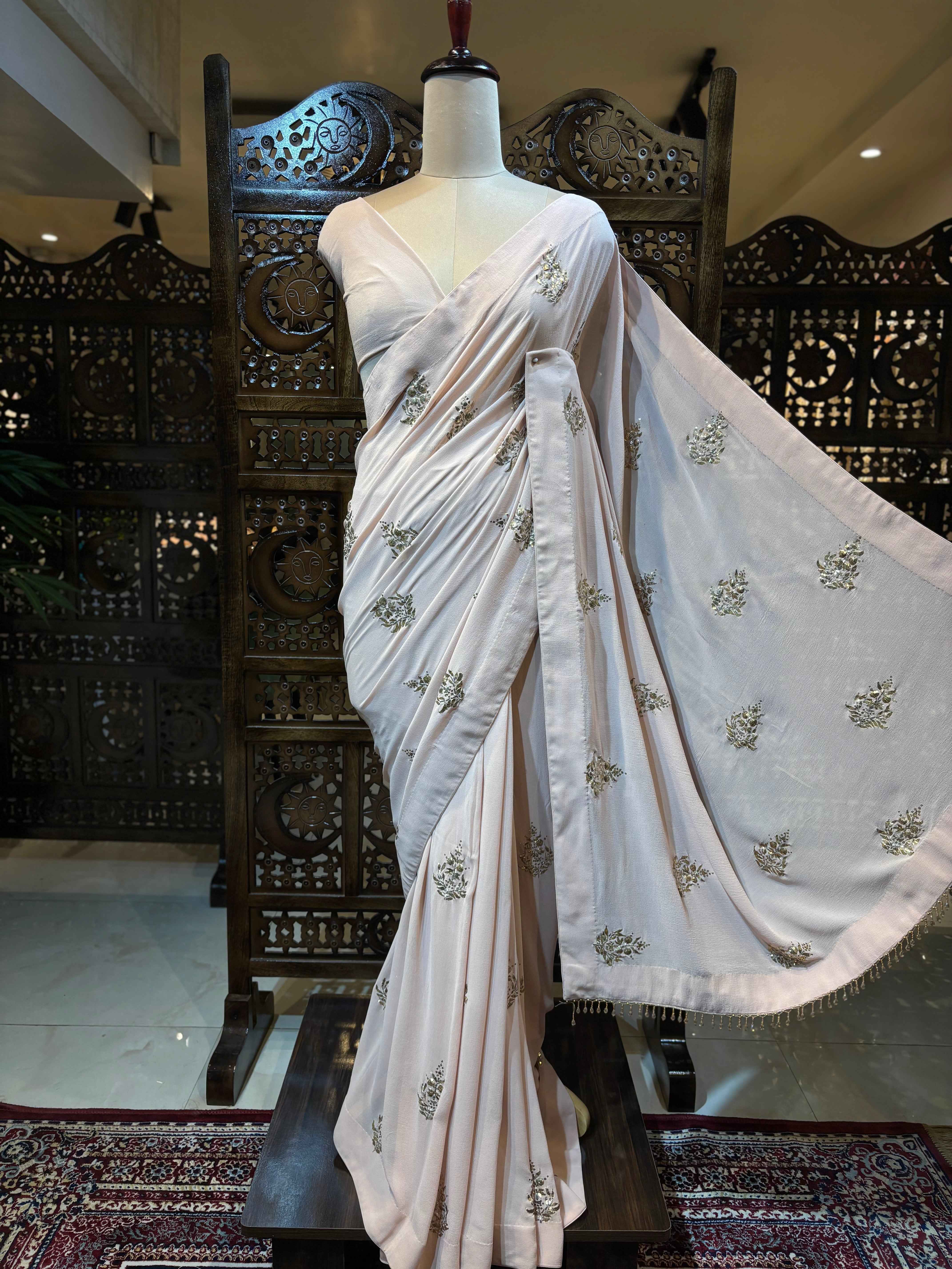 Dusty Peach Pure Georgette Badla Saree and Blouse - Pleats PleaseChikankari