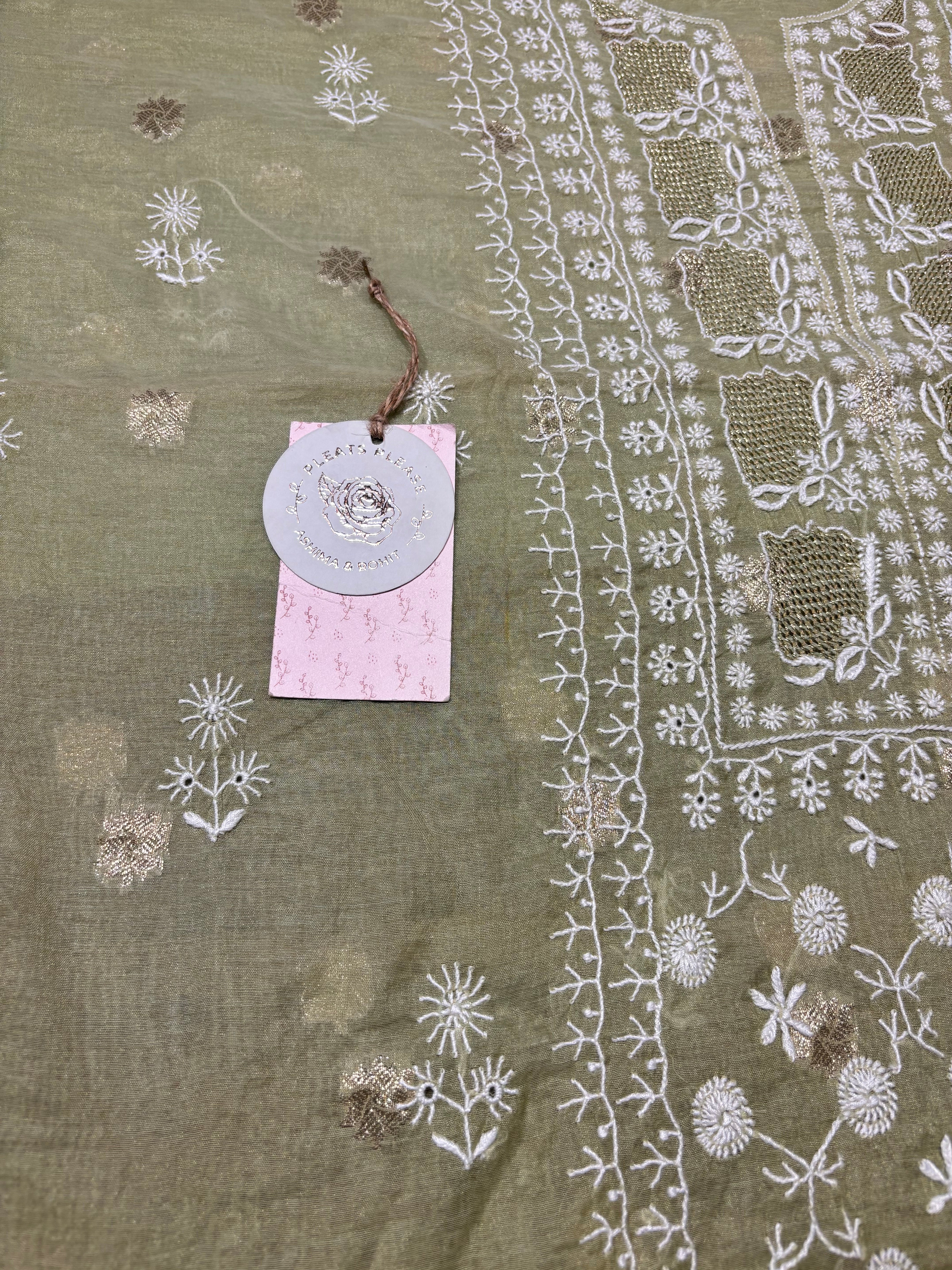 Green Chanderi silk Chikankari Kurta and Dupatta Fabric