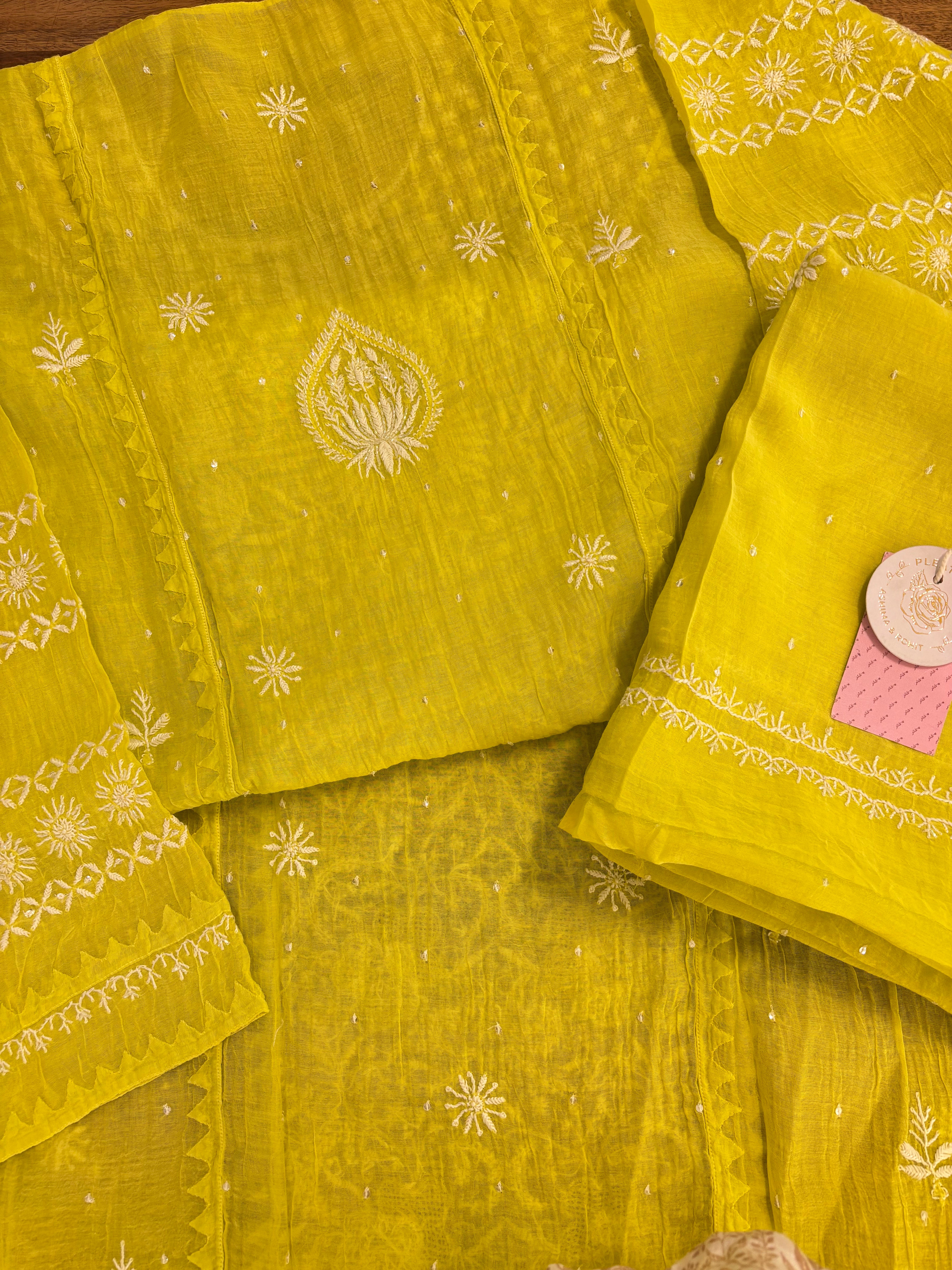 Neon Green Chanderi Mul Chikankari Kurta & Dupatta