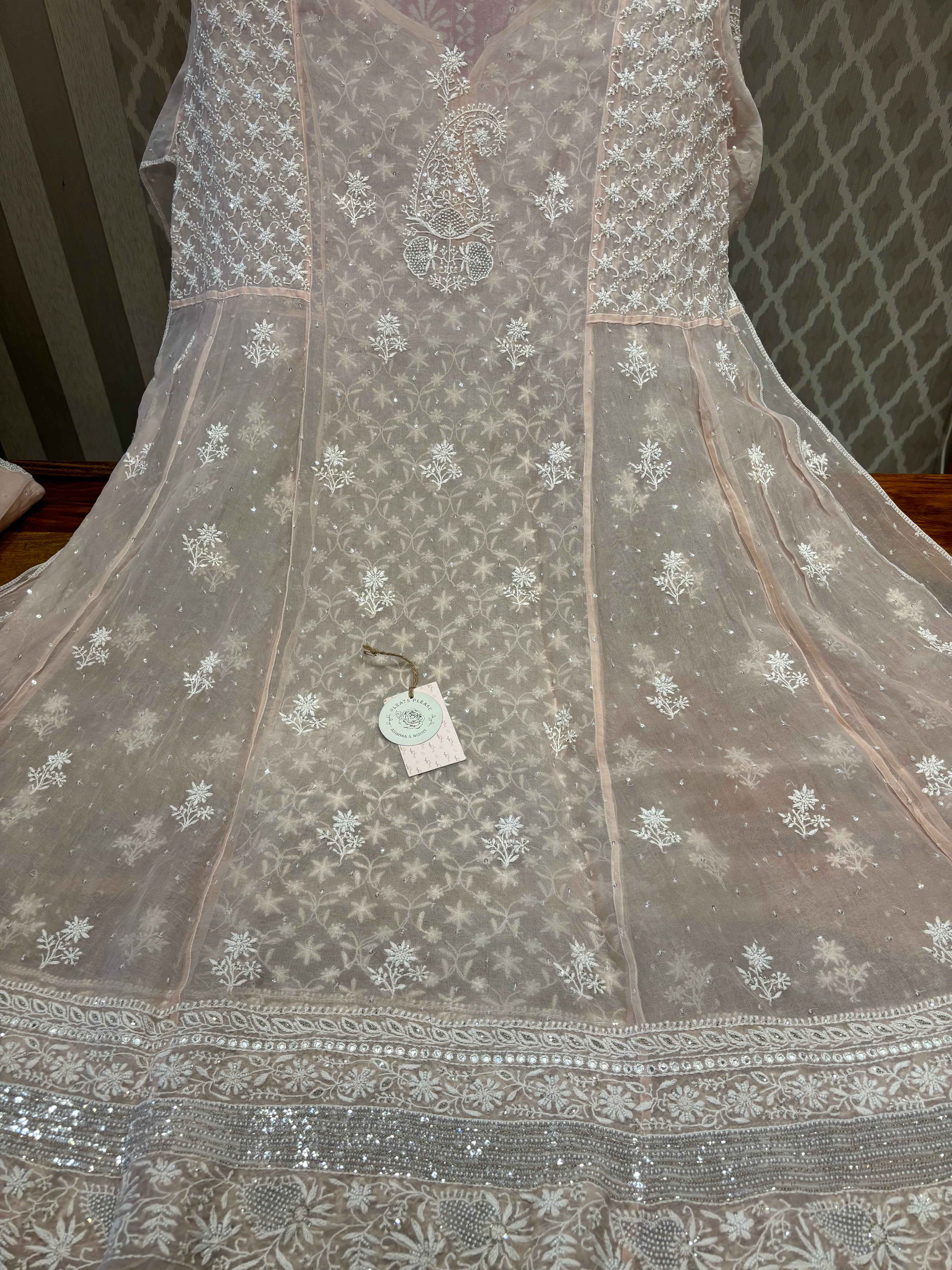 Peach Dust Pure And Premium Organza Anarkali And Dupatta Set - Pleats PleaseChikankari