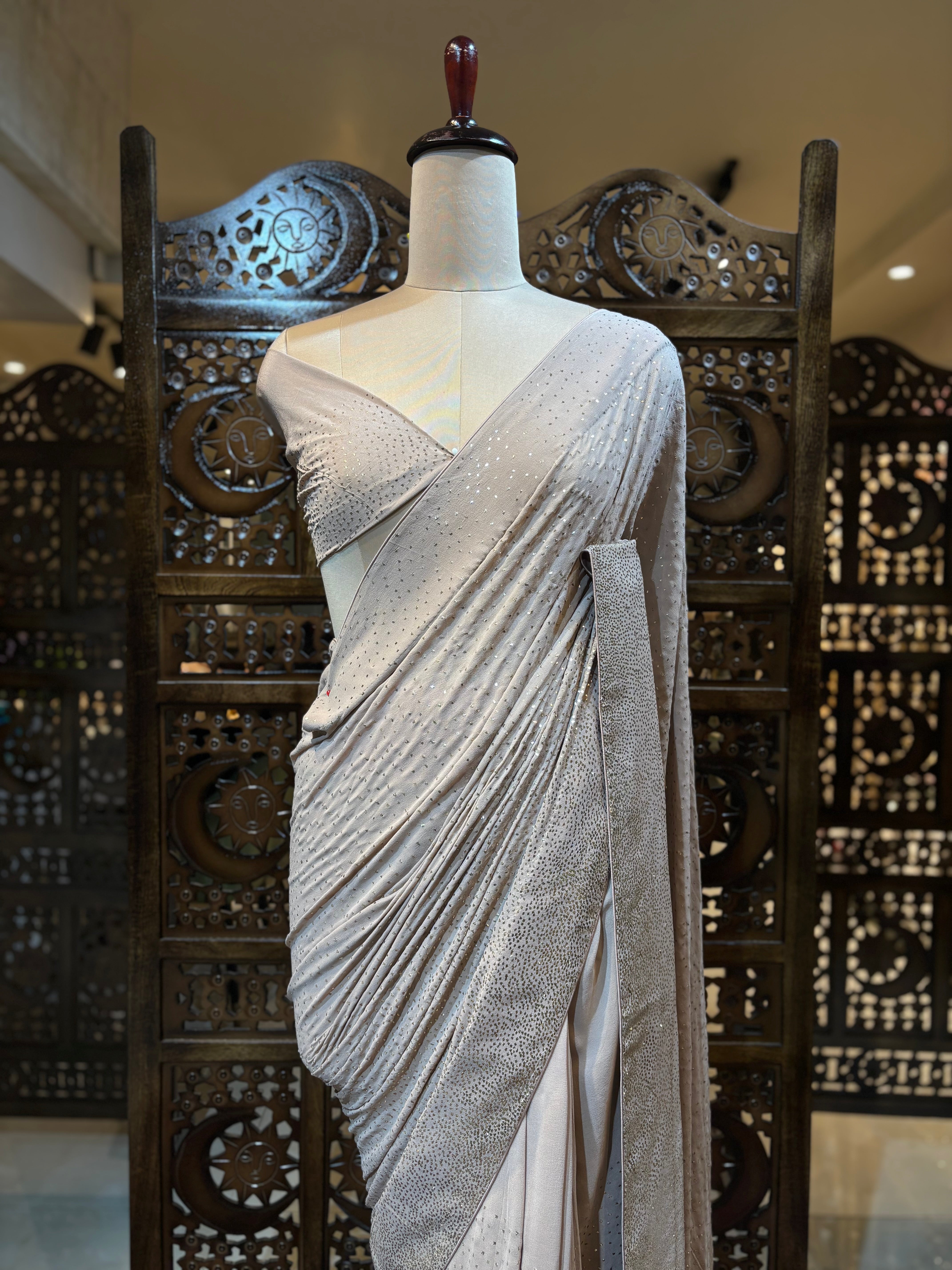 Brown Pure & Premium Georgette Mukaish Saree & Blouse - Pleats PleaseChikankari