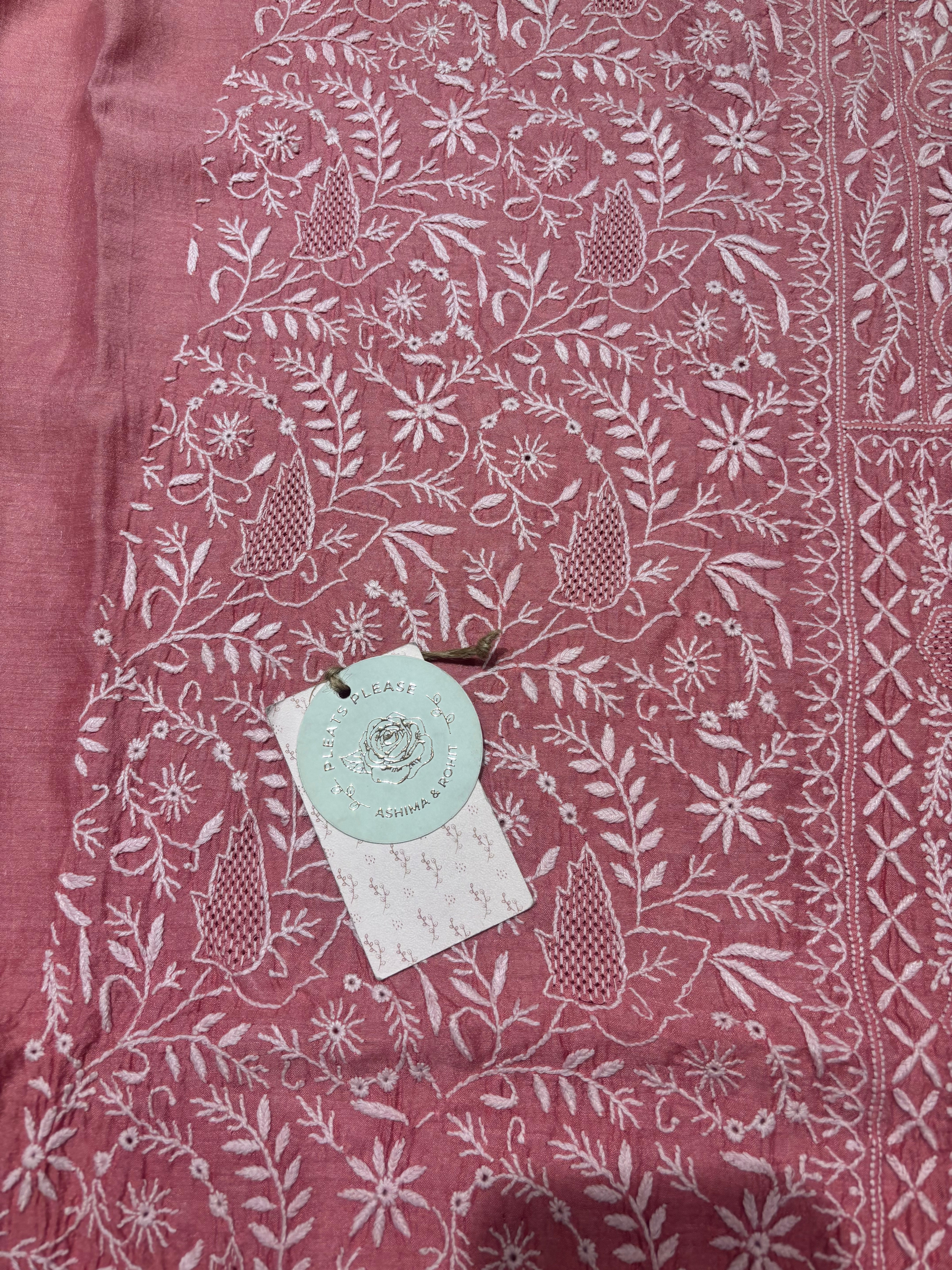 Flamingo Pink Ombre Pure & Premium Monga Silk Chikankari Kurta & Dupatta Fabric