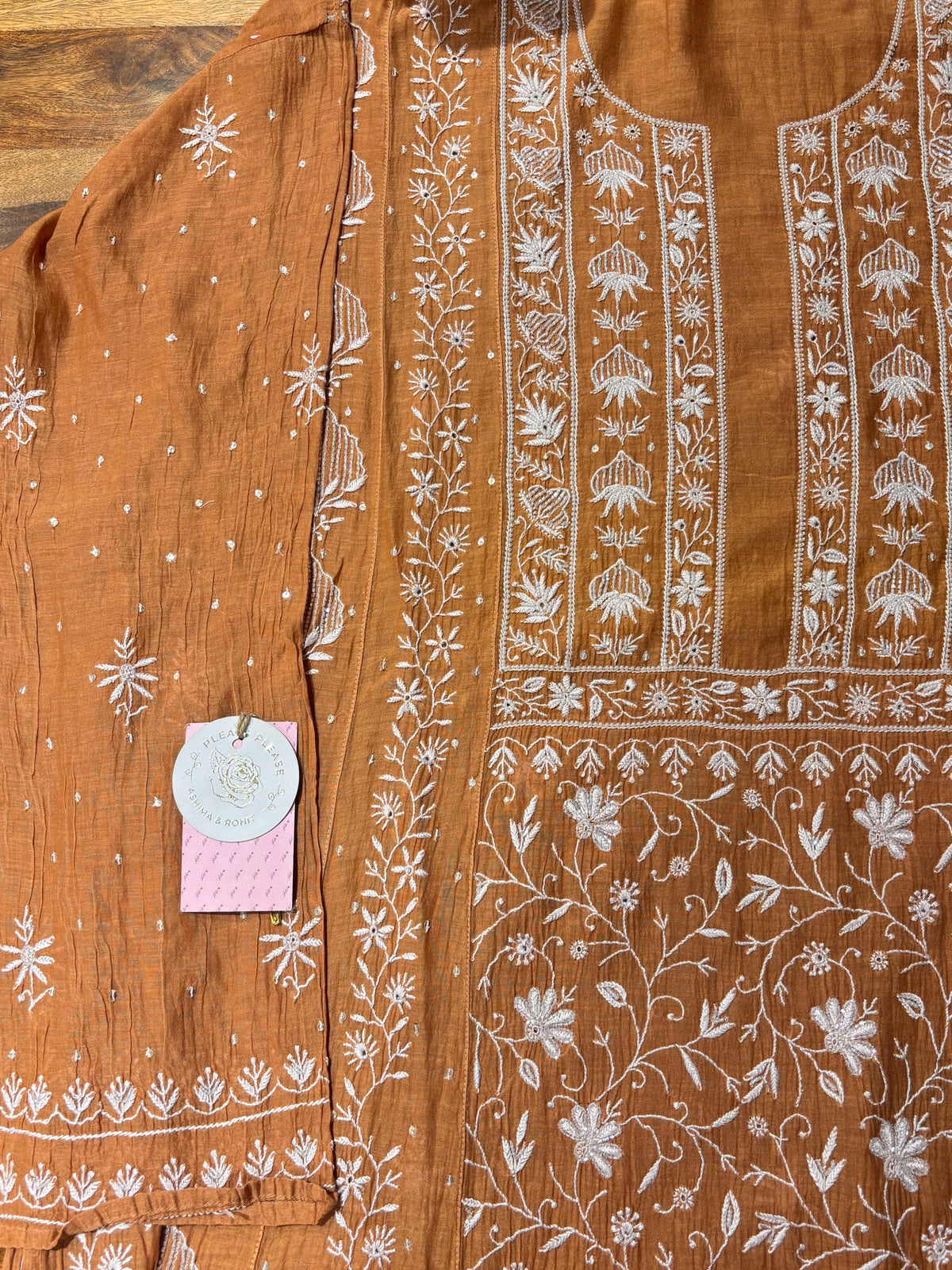 Caramel Brown Chanderi Mul Chikankari A-Line Kurta & Dupatta