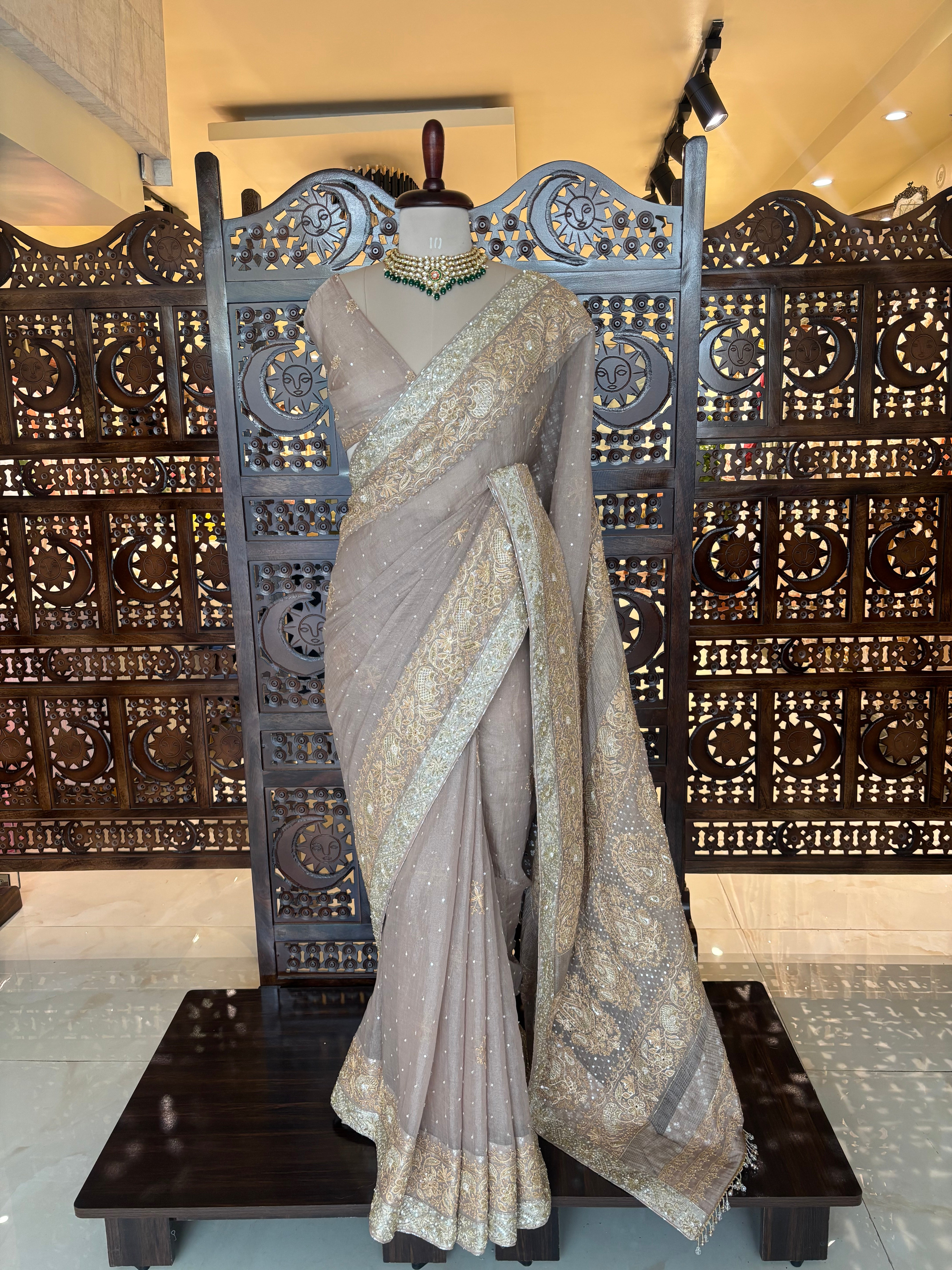 Antique Rose Gold Pure & Premium Tissue Chikankari Saree