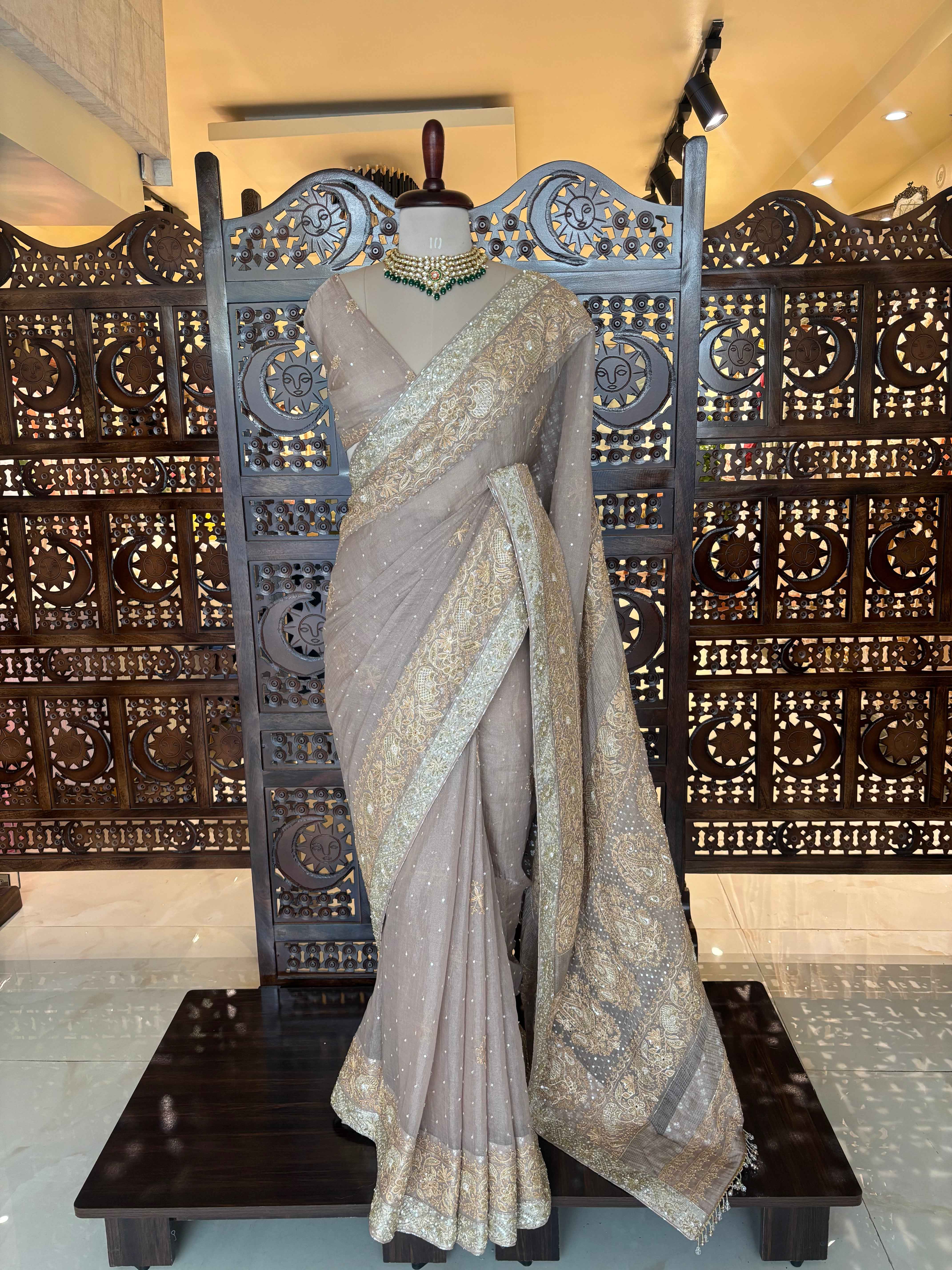 Antique Rose Gold Pure & Premium Tissue Chikankari Saree